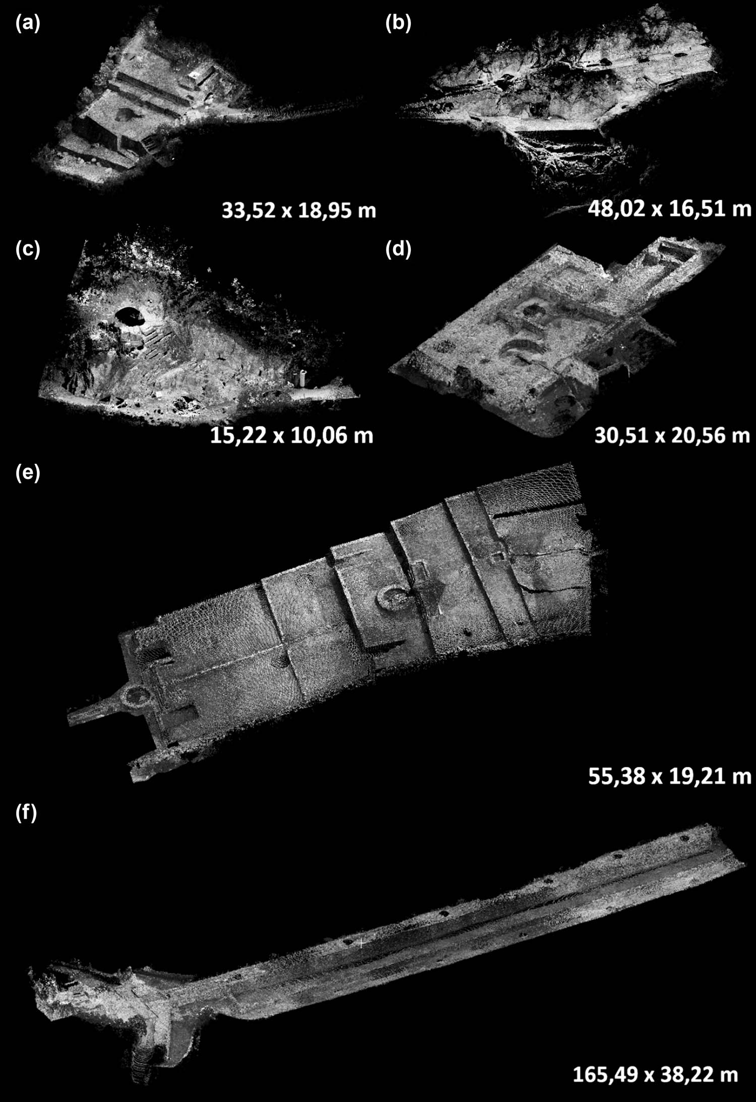 Figure 3
3D models of the water management system’s structures with dimensions of the scanned area: (a) Reservoir 1; (b) Reservoir 2; (c) Reservoir 3; (d) Reservoir 4; (e) Structure 5; and (f) Aqueduct 1.