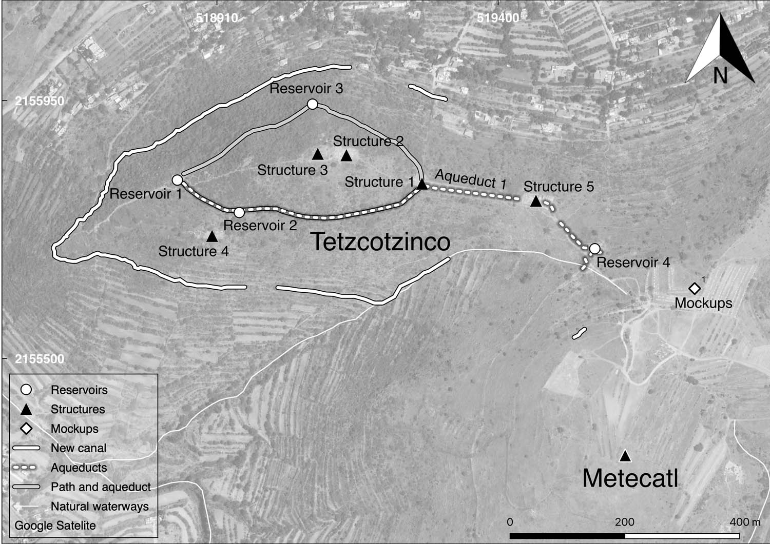 Figure 4
Map of Tetzcotzinco showing archaeological structures and features.