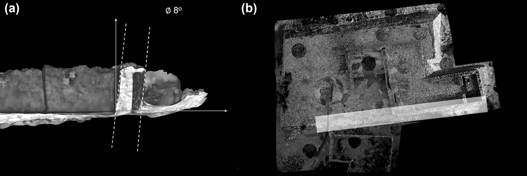 Figure 7
Example of wall collapses in the Reservoir 4 complex: (a) view of the inclination and (b) area that is exposed to damage.