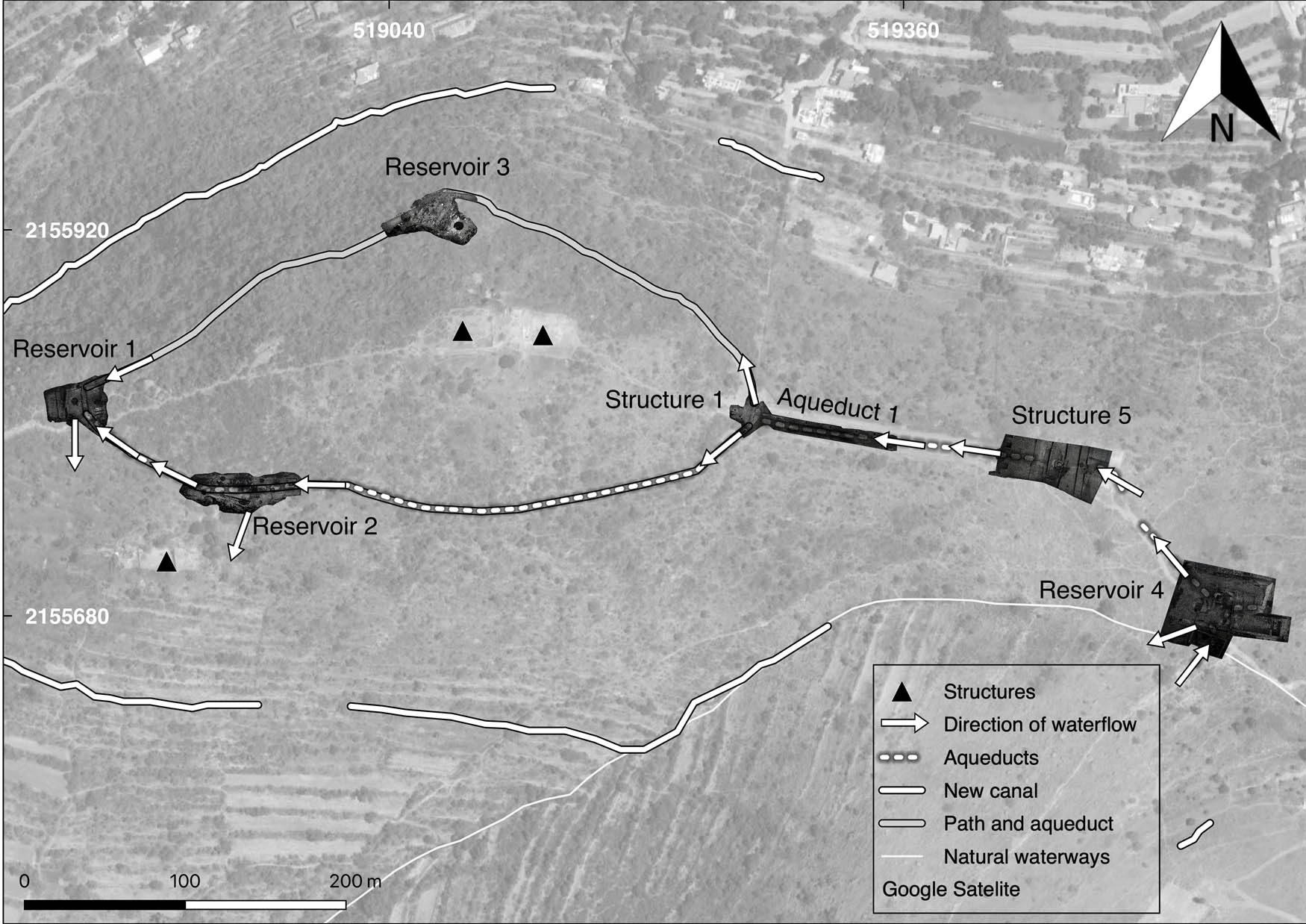 Figure 9
Water flow with outlet directions. Due to the level of destruction and erosion of Reservoir 3, it is currently impossible to determine the exact water flow and location of outlets within this feature.