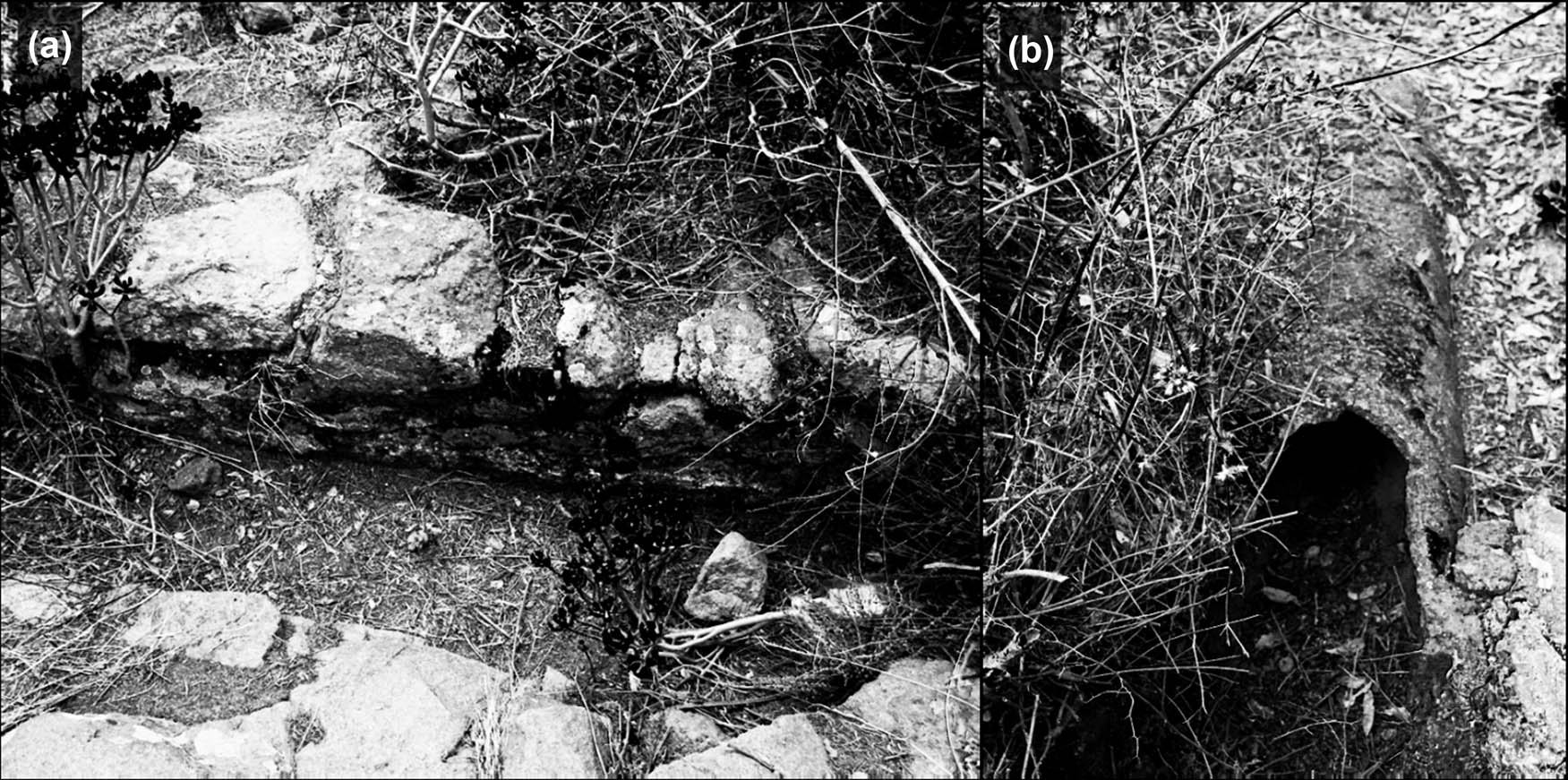 Figure 10
Construction of the external canal: (a) pre-Hispanic part and (b) cement-like pipe.