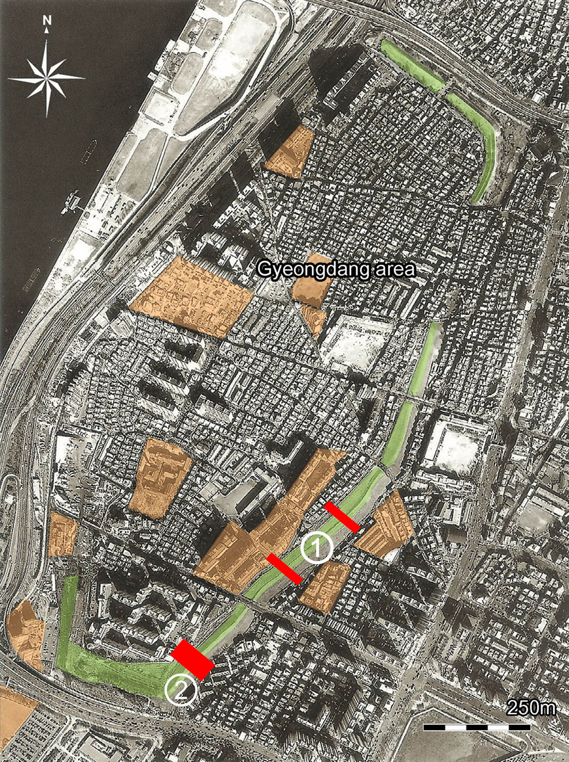 Figure 2
Aerial view of Pungnap Toseong. The green color indicates the remaining earthen ramparts around the settlements. The excavated areas within and outside the fortification are indicated by brown polygons. The red squares show the locations on the eastern rampart excavated in 2001 (#1) and 2014 (#2) (Courtesy of the National Research Institute of Cultural Heritage).