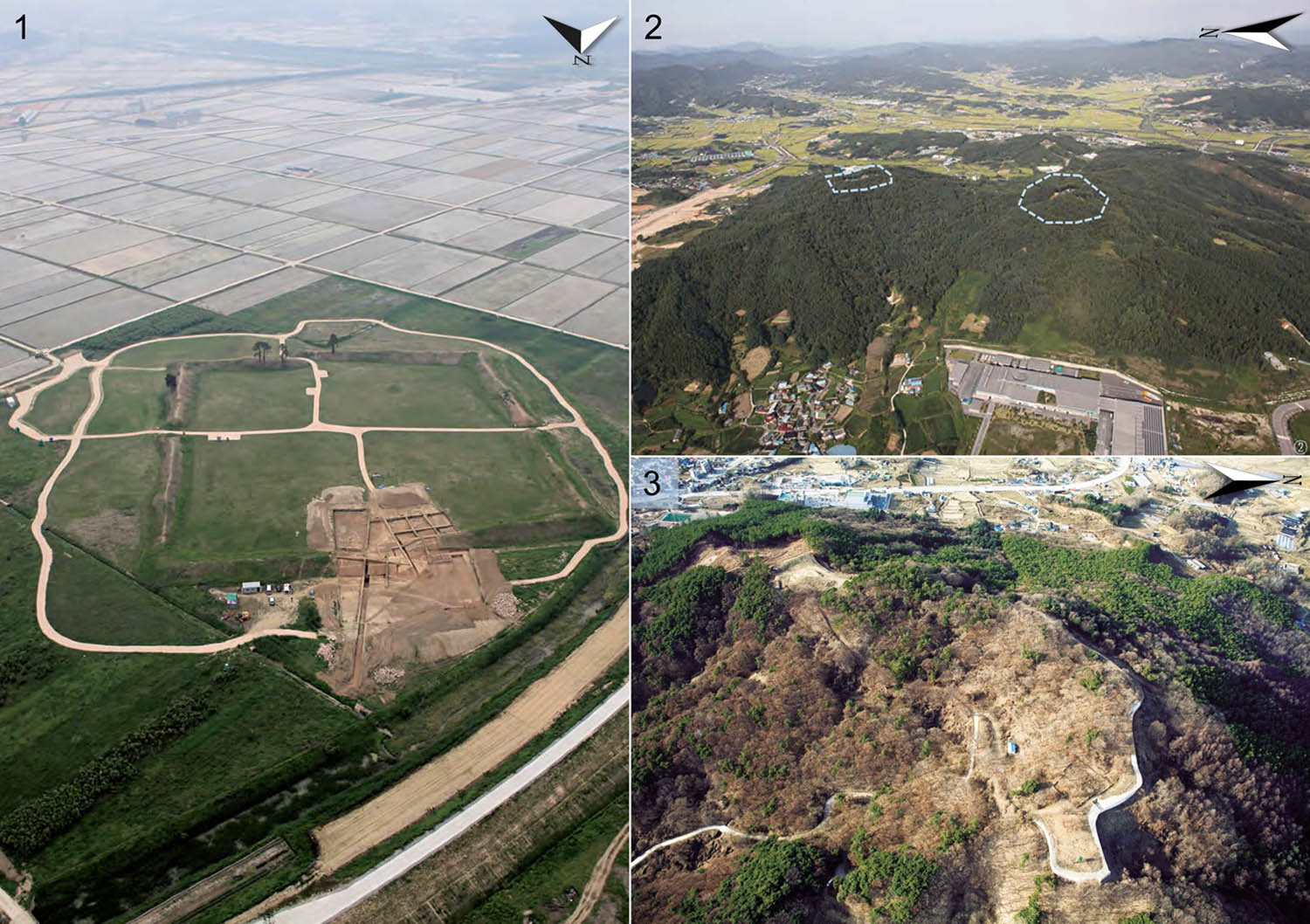 Figure 7 
               Three Baekje fortresses mentioned in the text: 1. Jeongbuk-dong Toseong (Cho & Lee, 2013); 2. Chuseong Sanseong (Jungwon Cultural Property Research Center, 2017); and 3. Banwol Sanseong (Park et al., 2004).
            