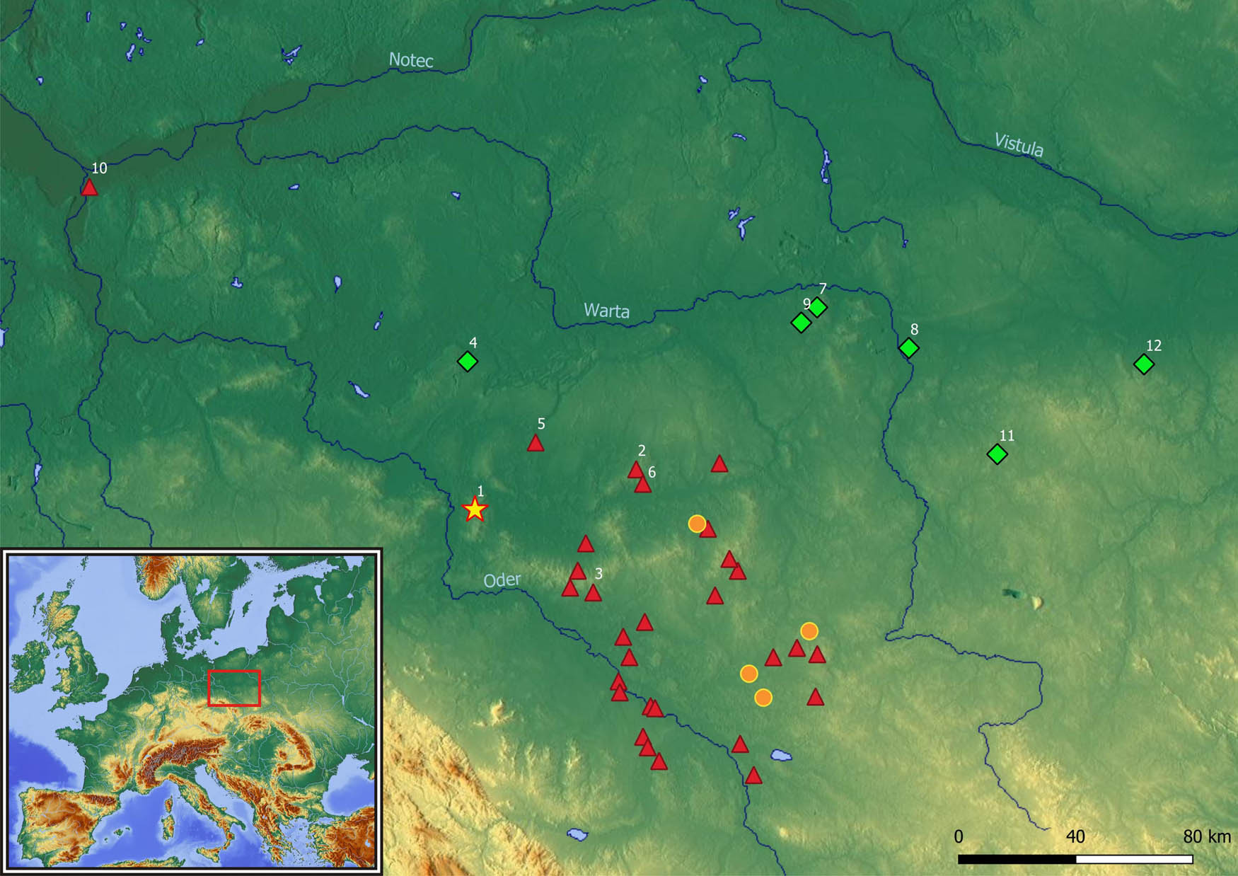 Figure 1
Location of Czeladź Wielka (yellow star) in the Silesian-Greater Poland border area and Early and Middle Bronze Age barrow cemeteries (red triangles), hoards (orange circles), and settlements (green diamonds). Radiocarbon dated sites mentioned in the text: 1 – Czeladź Wielka, 2 – Krotoszyn, 3 – Niedary, 4 – Bruszczewo, 5 – Pudliszki, 6 – Las Krotoszyn, 7 – Szczepidło, 8 – Cichmiana 2, 9 – Krągola 6, 10 – Górzyca, 11 – Lutomiersk-Koziówki 3a–c, and 12 – Polesie 1.