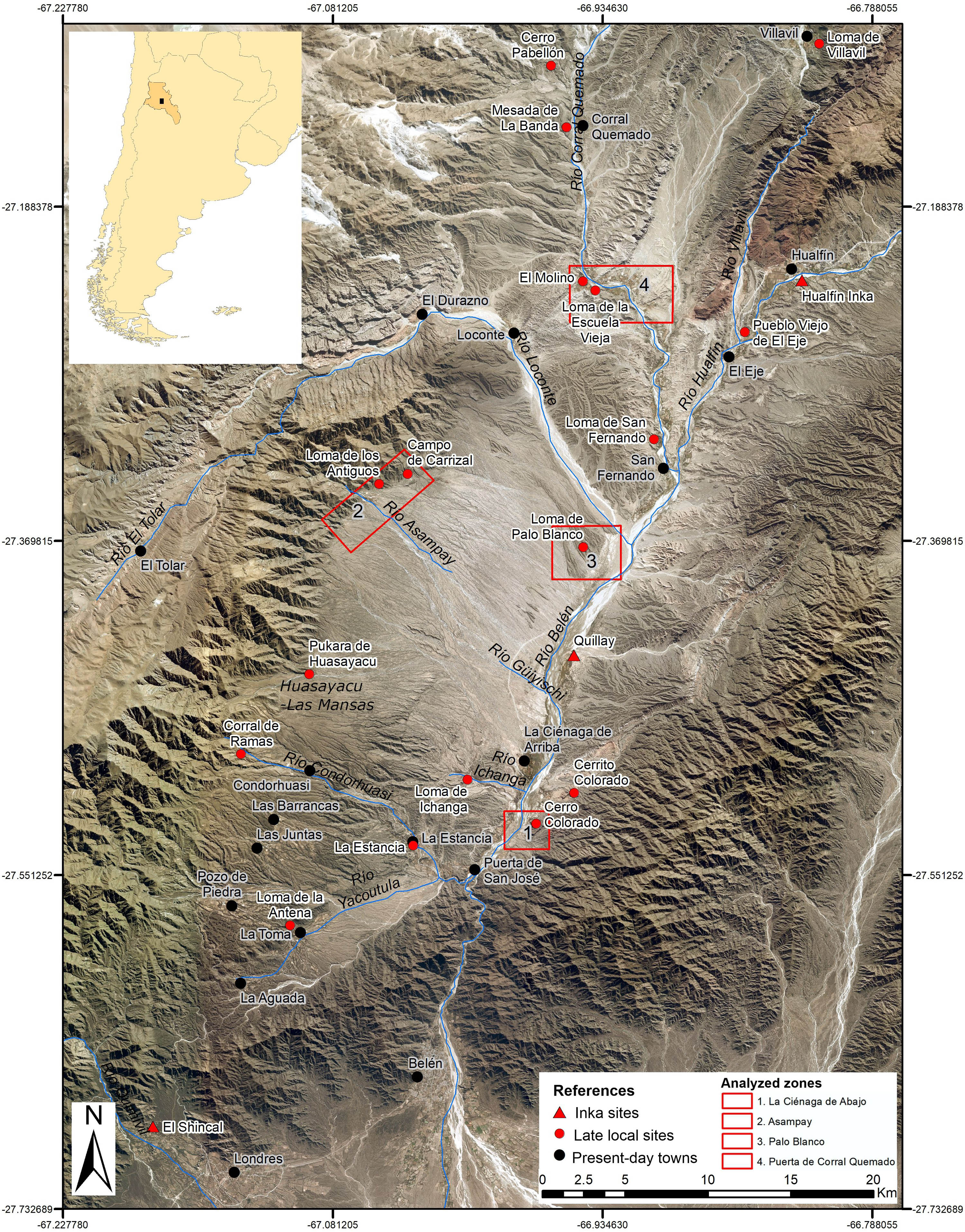 Figure 1
Hualfín Valley with Late and Inka sites, and the indication of the four analyzed zones.