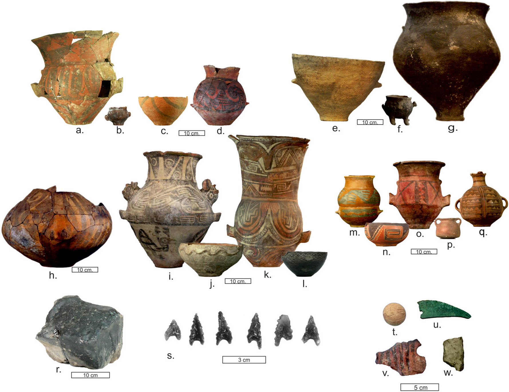 Figure 2
Late materials found in sites and tombs of Hualfín Valley: (a) Belén jar (LI); (b) Belén little pot (CC); (c) Belén puco or bowl, PCQ tomb (MLP-Ar 6413 CMB), (d) Belén pot, PB tomb (MLP-Ar 6507 CMB); (e) Ordinary puco, CC tomb; (f) footed pots, PCQ tomb (MLP-Ar 6469 CMB); (g) Ordinary pot, CC tomb; (h) Sanagasta pot (LI); (i) Santa María pot, Room 98 of El Molino (PCQ); (j) Santa María puco, PCQ tomb (MLP-Ar 6409 CMB); (k) Santa María Tricolor urn, El Eje tomb (MLP-Ar 6443 CMB); (l) Famabalasto Negro Grabado puco, PCQ tomb (MLP-Ar 6355 CMB); (m) Famabalasto Negro sobre Rojo pot (MLP-Ar 6426 CMB); (n) Yocavil Tricolor puco, PB tomb (MLP-Ar 6502 CMB); (o) Belén-Inka jar, SF tomb (MLP-Ar 6486 CMB); (p) Inka pot, SF tomb (MLP-Ar 6479 CMB); (q) aribaloide, SF tomb (MLP-Ar 6485 CMB); (r) Ona obsidian nodule (Barranca CC); (s) Ona obsidian projectile point (Asampay); (t) incise lithic ball; (u) bronze knife (CC); (v) fragment of an armadillo-shaped vessel Belén (CC); and (w) ceramic figurine (CC).