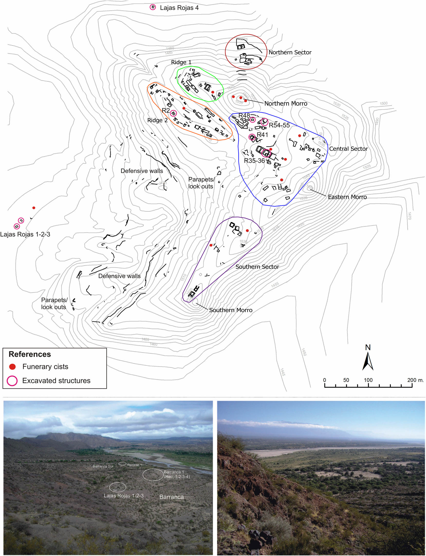 Figure 4
Top: Plan of Cerro Colorado of La Ciénaga de Abajo. Bottom left: View from Ridge 1 to the southwest, with the Barranca at the foot and the Barranca Sur to the south, with the indication of the excavated sites. Bottom right: View from the Central sector to the north.