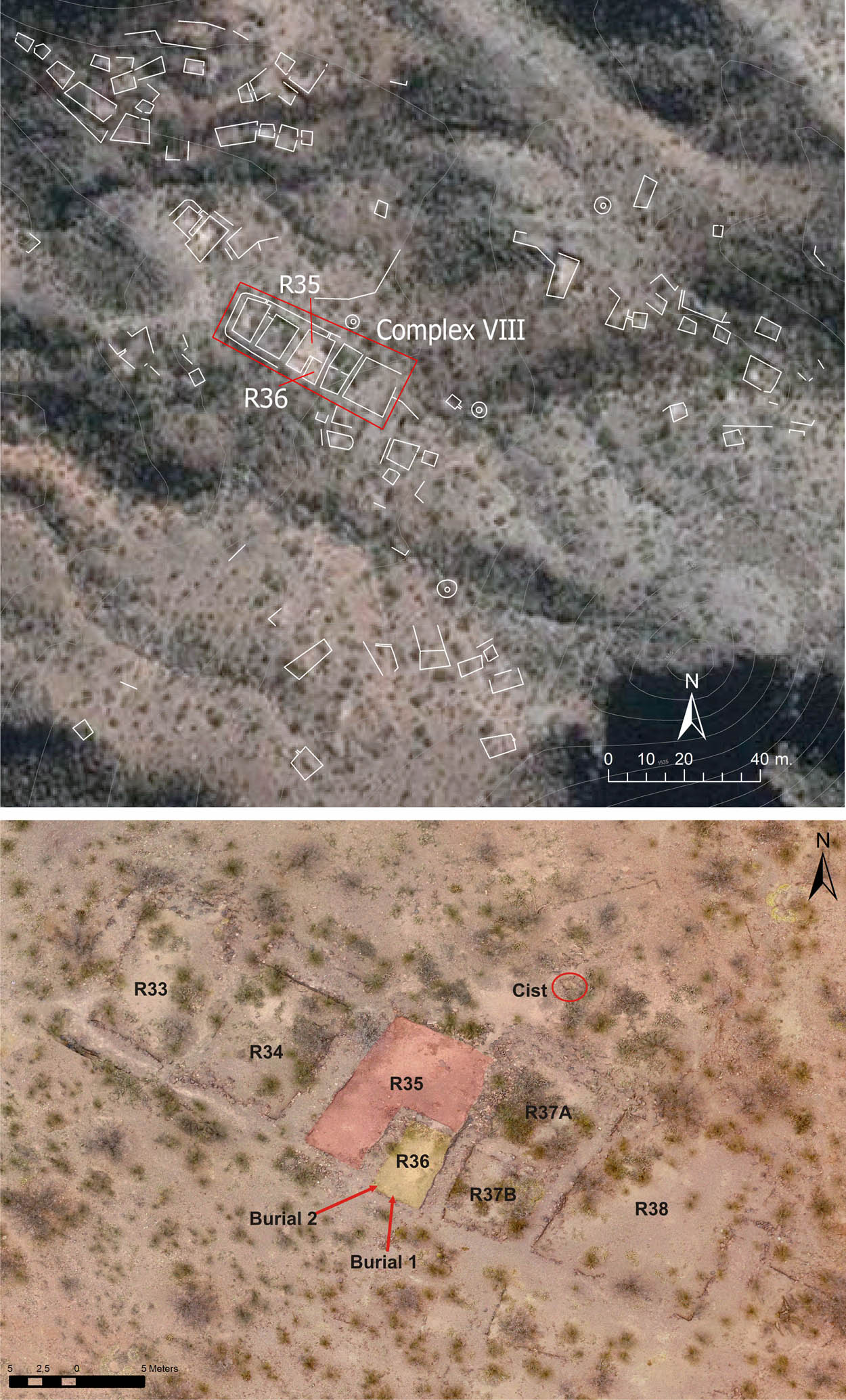 Figure 5
Top: Plan of the Central sector with Complex VIII indicated, on a satellite image. Bottom: Complex VIII photographed by a drone, with Rooms 35 and 36 highlighted.