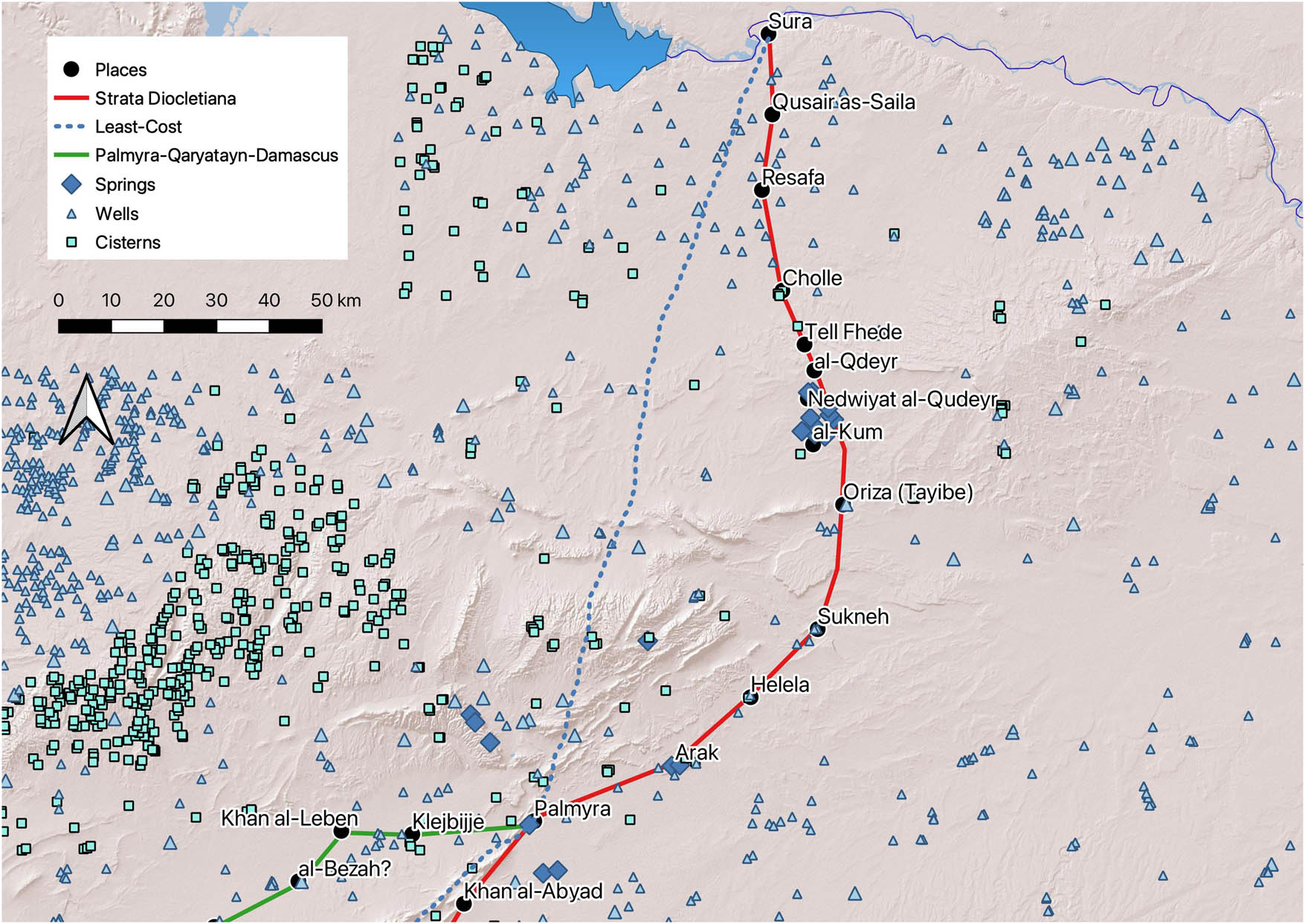Figure 6
Palmyra–Sura. Sites, routes, water, and LCP. Eivind Heldaas Seland. Basemap © ESRI 2014.