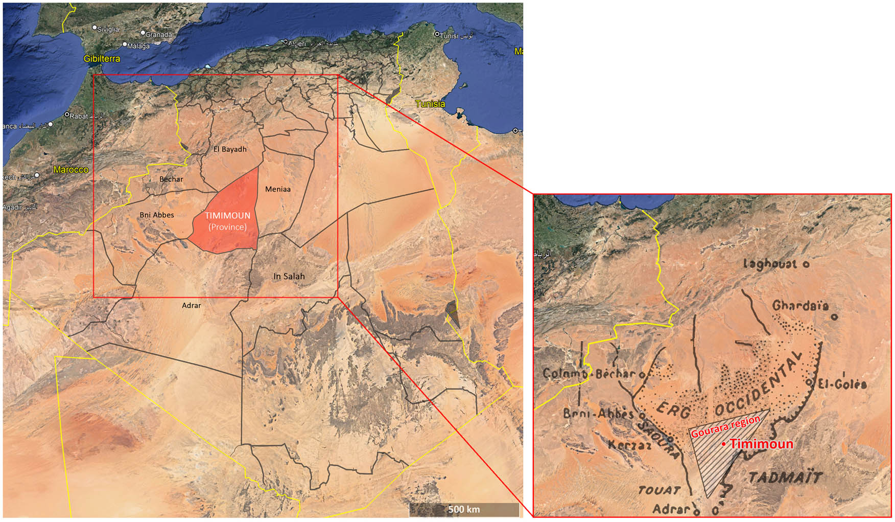 Figure 2 
               Left: the position of the province of Timimoun; right: the situation of the city of Timimoun in the Gourara region.
            