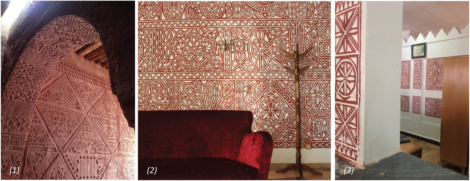 Figure 5 
                  Earthen decorative technique adopted in various edifices in the city of Timimoun. (1) Ex-hotel Oasis Rouge built between 1912 and 1917. (2) Hotel Gourara built in the 1970s by the French architect Fernand Pouillon. (3) Recent renovation on the Central post office of Timimoun.
               