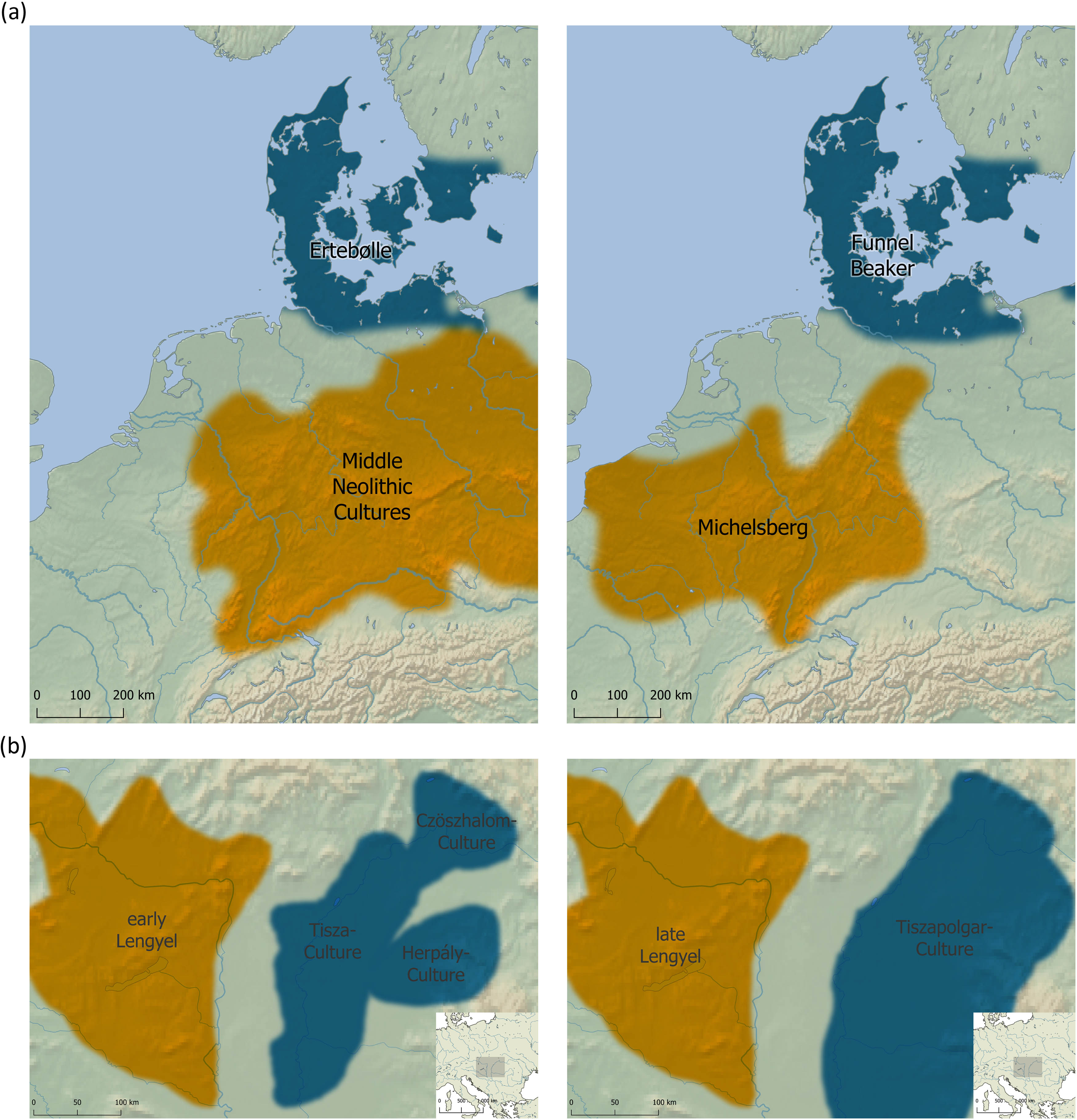 Figure 2
(a) Map of the archaeological cultures mentioned in the case study on the beginnings of food production in Northern Central Europe and South Scandinavia. Left: before c. 4100 BCE and right: after c. 4100 BCE (map S. Suhrbier, University of Cologne). (b) Map of the archaeological cultures mentioned in the case study on the spread of copper metallurgy to Central Europe. Left: before c. 4500 BCE and right: after c. 4500 BCE (map S. Suhrbier, University of Cologne).
