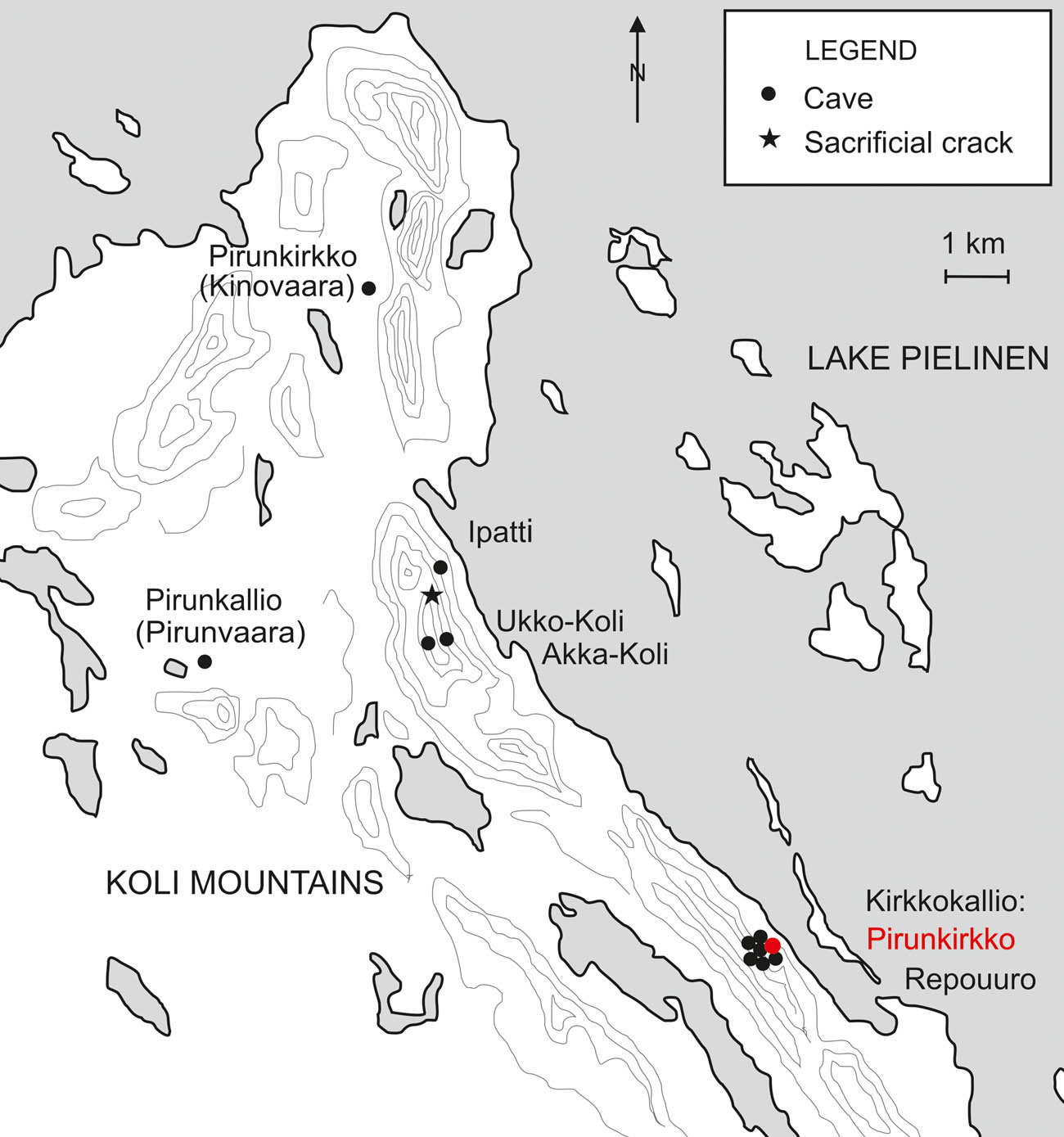 Figure 1
Locations of the known caves and the sacrificial crack in Koli. The Pirunkirkko/Pirunluola cave located on Hattusaari is to the north of the map.