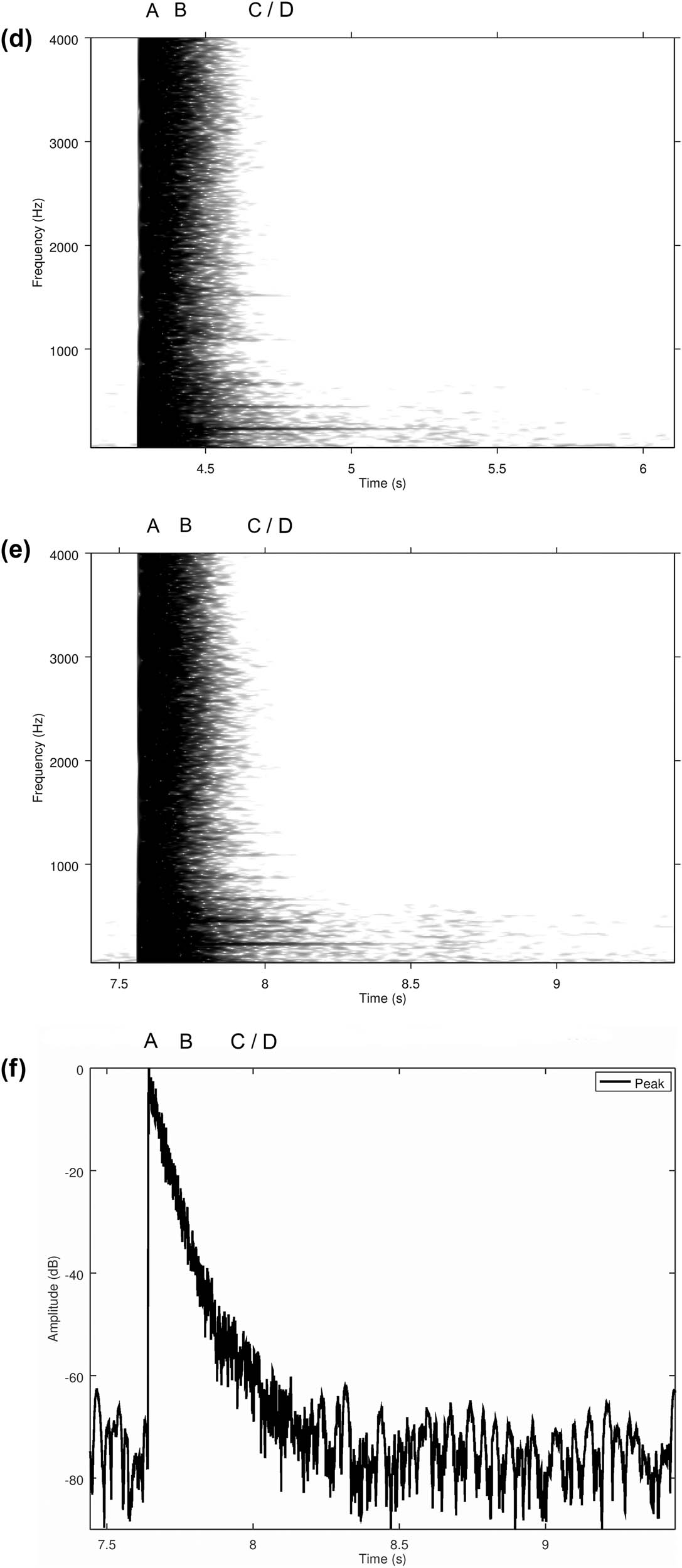 Figure 5
Impulse responses in different parts of the Pirunkirkko cave: (a) Spectrogram from recording point 1, outside the cave; (b) Spectrogram from recording point 2 in the middle corridor; (c) Spectrogram from recording point 3 in the inner corridor; (d) Spectrogram from recording point 4 in the inner corridor, on the plank bridge; (e) Spectrogram from recording point 5 in the inner corridor, on the ledge; (f) Sound pressure level plot from recording point 5 in the inner corridor, on the ledge. A = excitation signal, B = early reflections, C = late reflections, D = distinct frequencies ringing after the impulse.