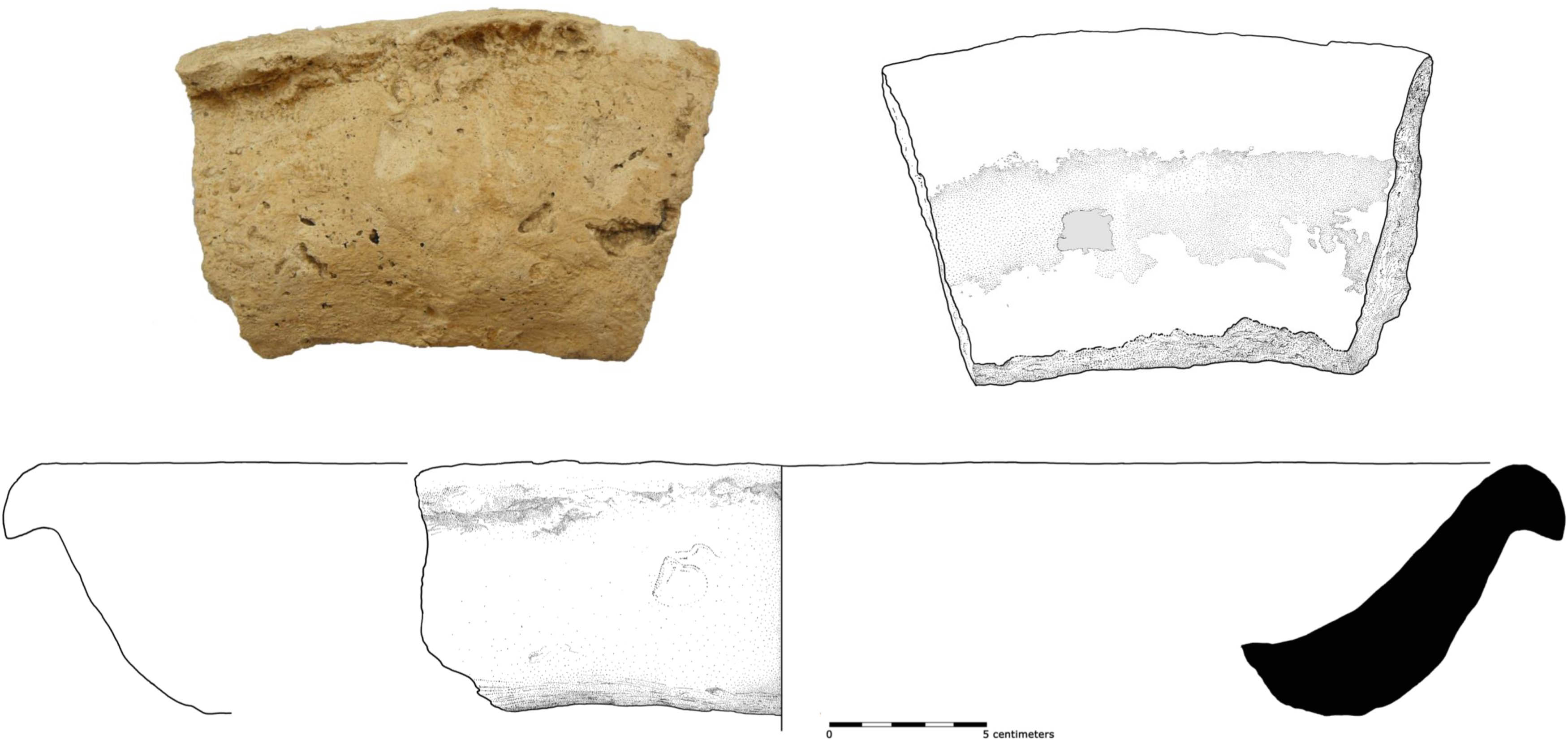 Figure 1
V08-67, Rimsherd of open gypsum plaster ware bowl. Tell Sabi Abyad, Syria (level A2/A3) 6395–6330 cal BC (photo: author, Drawing: M. Hense).