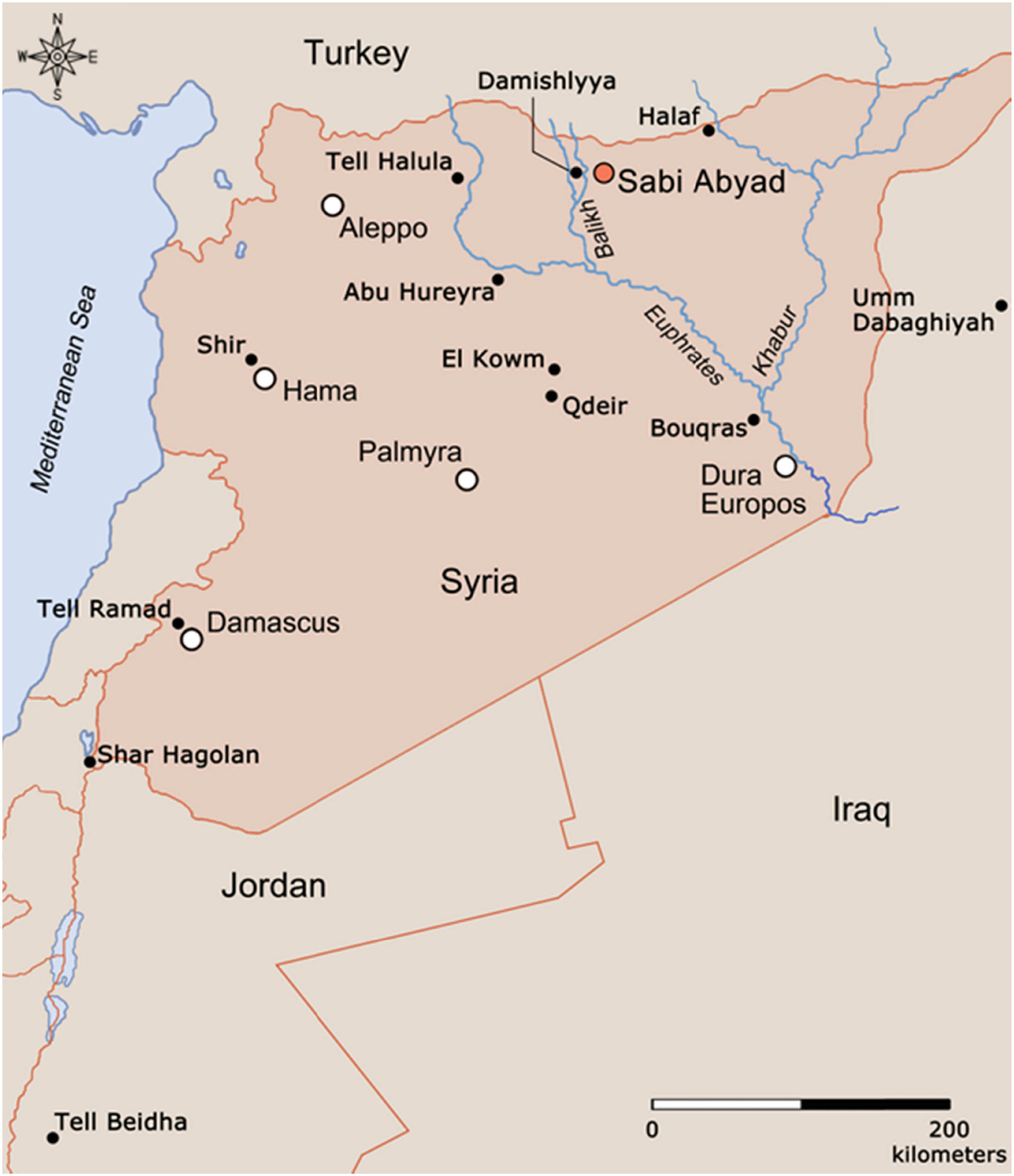 Figure 2
Upper Mesopotamia refers to the plains and steppes stretching from the coastal mountains of the northern Levant through south-eastern Anatolia and northern Syria into northern Iraq. The geographic location of Tell Sabi Abyad is marked in red (image: M. Hense).