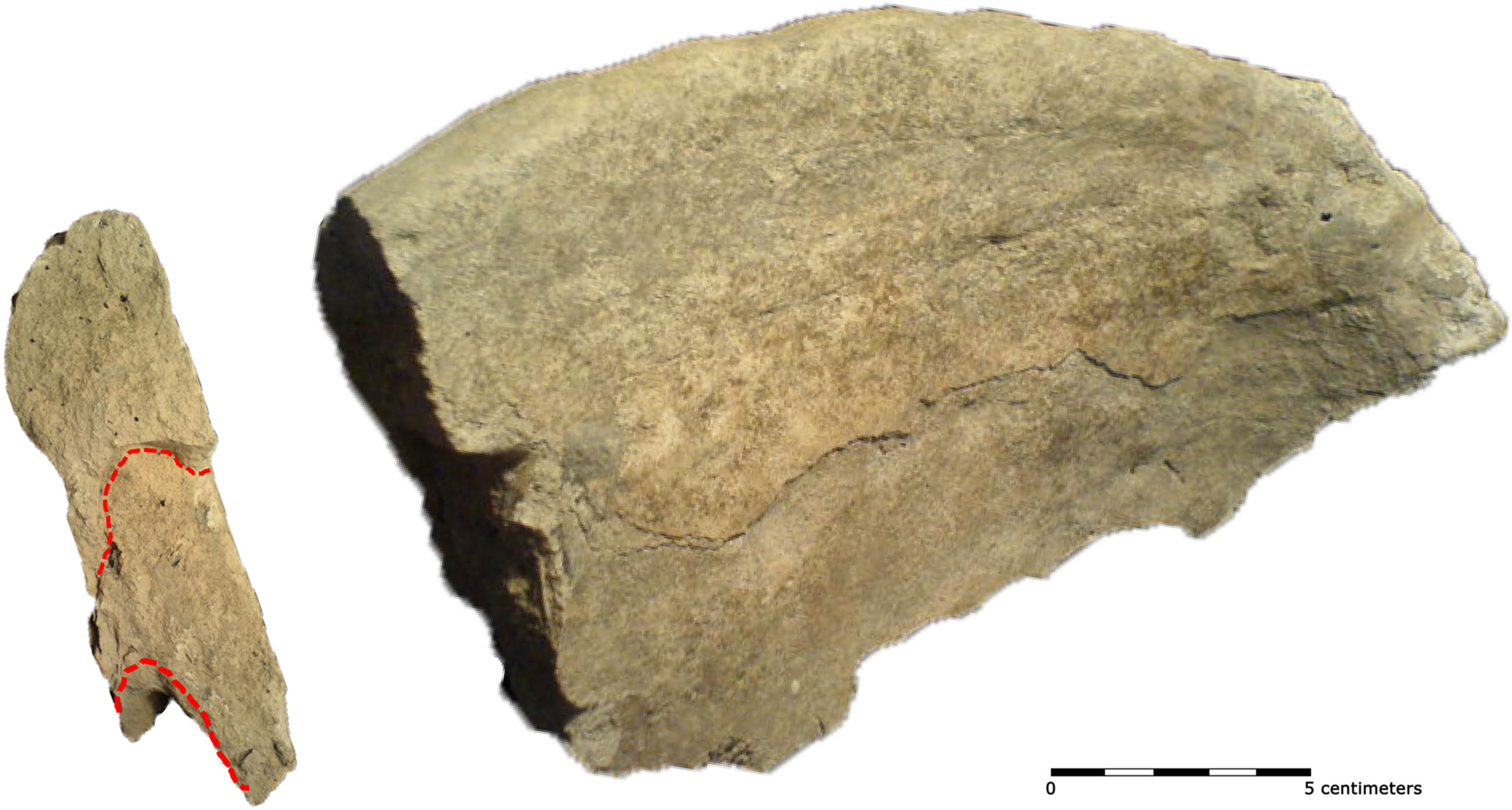 Figure 8
V07-340 Plaster ware rim sherd with at least three different segments/coils visible, indicated in red (photo: author).