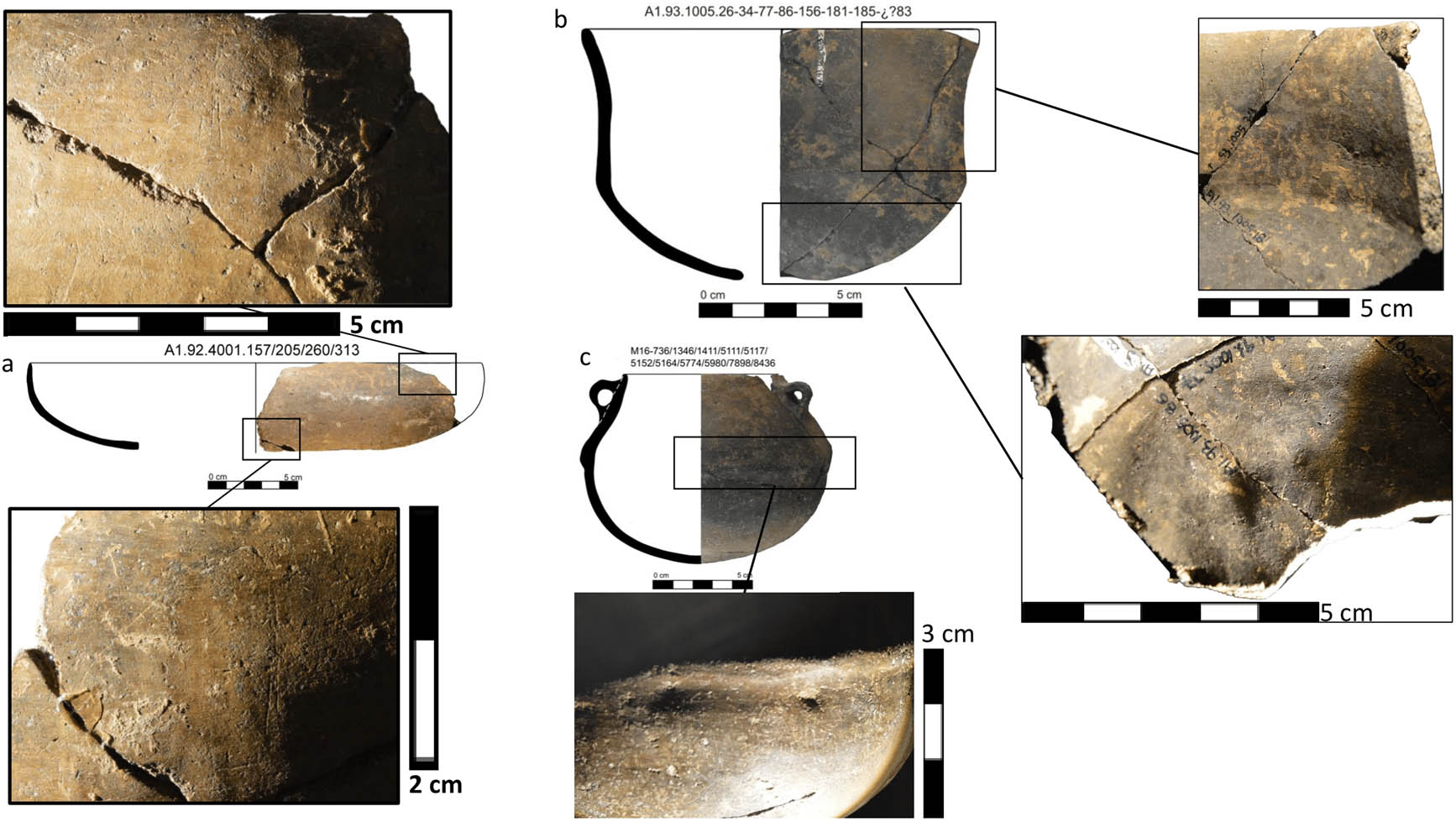 Figure 10
Traces of mixed techniques: (a) flat prints from beating technique; (b) coils junction and flat prints; and (c) junction between coil technique and molding (Author: S. Calvo).
