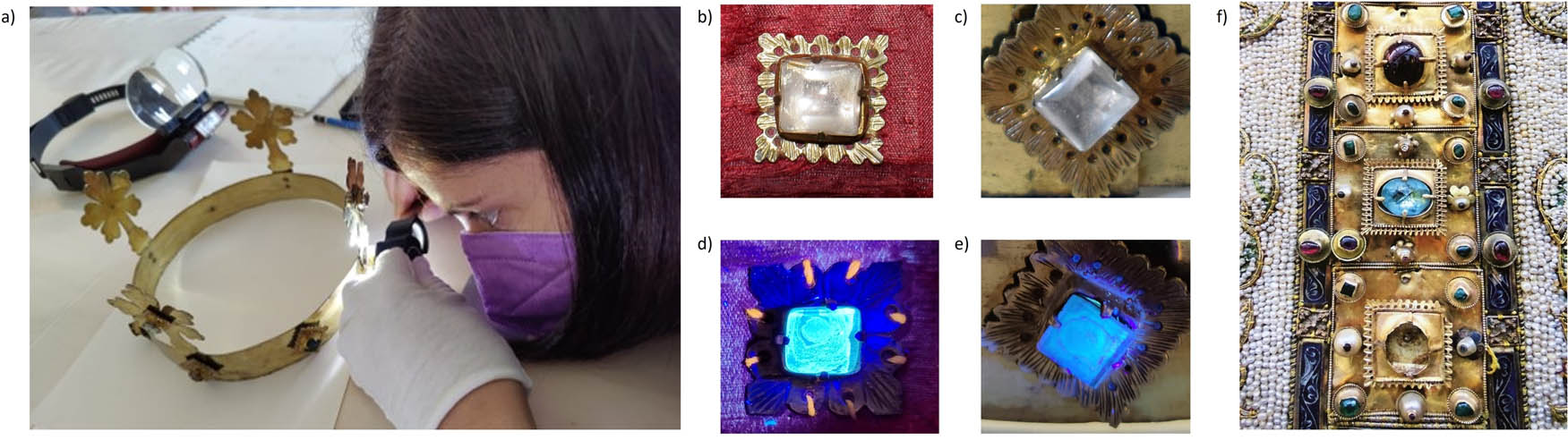 Figure 4
(a) Analysis campaign of the crown. (b and c) Visible and (d and e) UV light pictures of doublets mounted on the Cintola (b–d) and the crown (c–e). (f) Picture of the Amalfi Mitra for comparison.