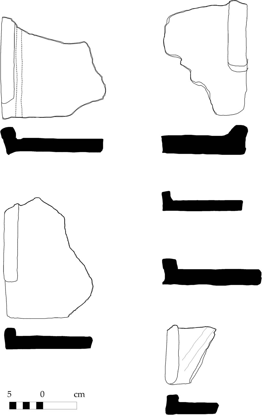 Figure 4 
               Some examples of fifth century CE roof tile types from the Monastery of Aaron site. Drawing Hamari, 2008.
            
