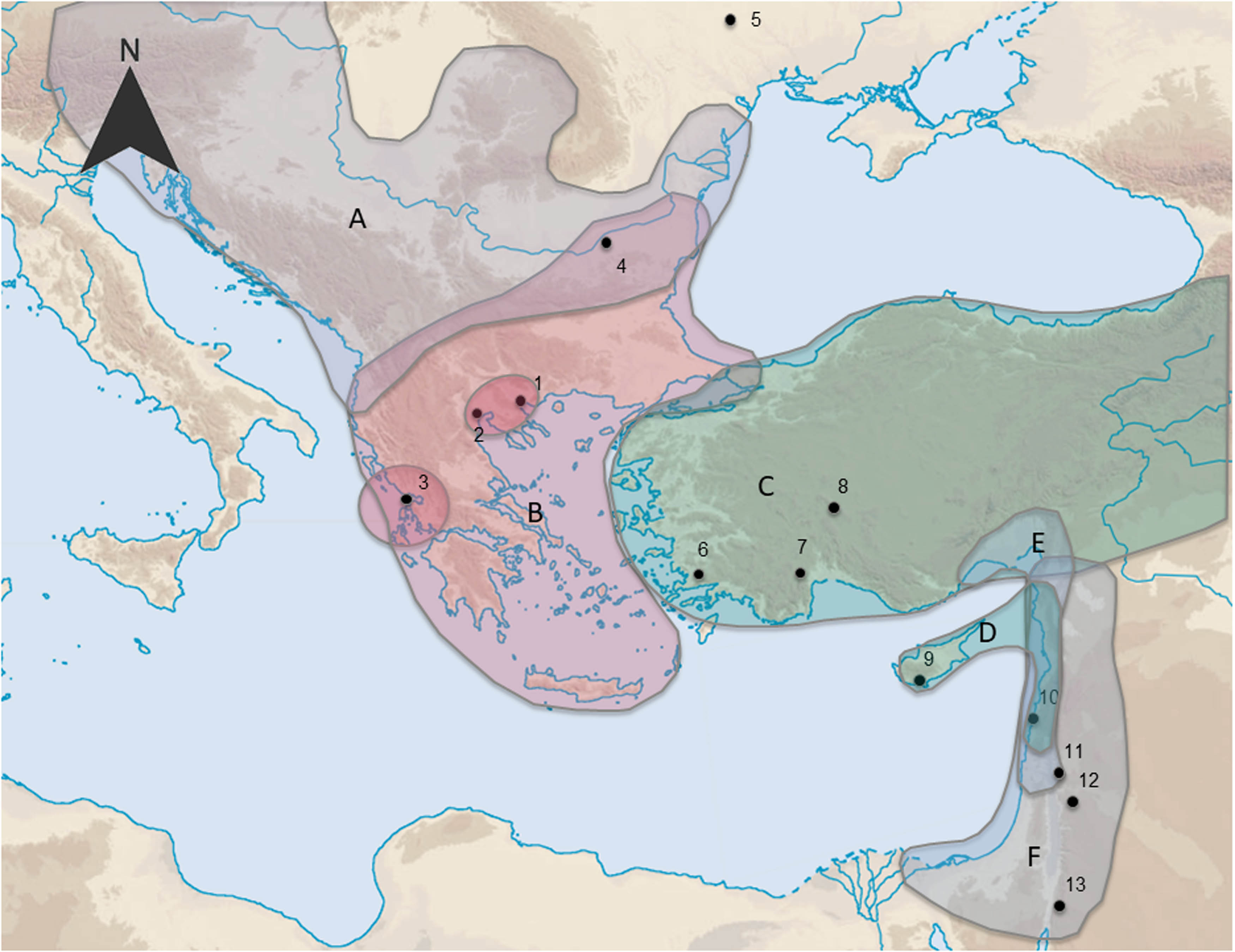 Figure 8 
               A schematic map of roof tile regions in the eastern part of the Roman Empire in the (Late) Roman period. Areas: A = Tegula tradition, B = Laconian-style, C = Roman Asia Minor, D = Cypriot, E = Cilician, and F = Near East general. Numbered points represent key and/or outlying findspots of representative tile types. 1 = Paliambela, 2 = Thessaloniki, 3 = Nikopolis in Epirus, 4 = Novae, 5 = Sobari, 6 = Labraunda, 7 = Sagalassos, 8 = Amorium, 9 = Kourion, 10 = Berytos/Beirut, 11 = Gadara, 12 = Gerasa, 13 = Petra. Base map: AWMC, CC BY-NC 3.0.
            
