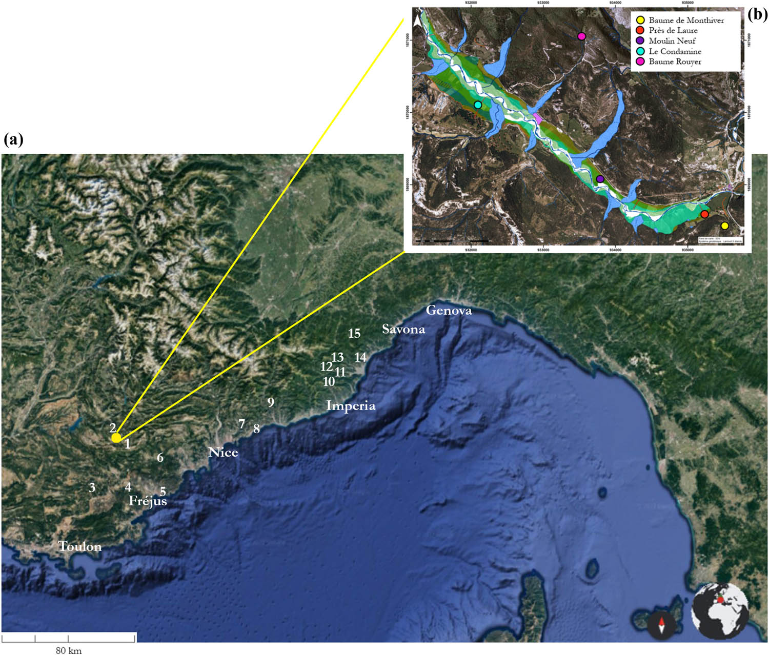 Figure 1
(a) Map of the main Mesolithic sites of the Liguro-Provençal arc with the location of “La Baume de Monthiver” (yellow point): (1) Baume de Monthiver, (2) Baume Rouyer, (3) Baume de Fontbrégoua, (4) Baume de Colle Rousse, (5) Figuier de la Cabre, (6) Grotte Lombard, (7) Pendimoun, (8) Punta della Mortola, (9) Pian del Rè, (10) Ortovero, (11) Arma di Nasino, (12) Arma dello Stefanin, (13) Arma di Veirana, (14) Caverna delle Arene Candide, (15) Colla di San Giacomo, and (b) geomorphological map of the middle Jabron Valley with locations of the main excavated sites.