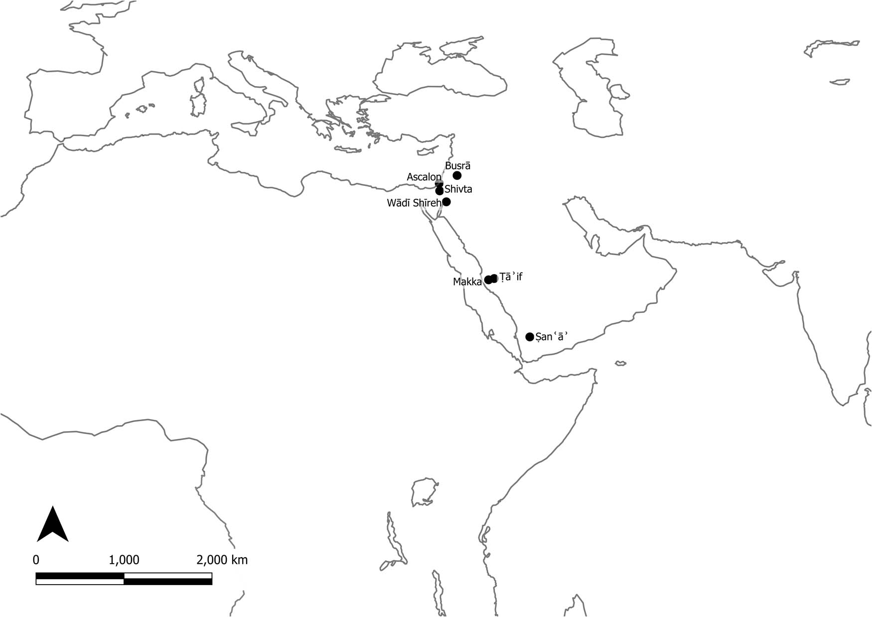 Figure 3
Spatial distribution of inscriptions with relevant mosque terminology, late first and second centuries of Islam (698–816 AD).