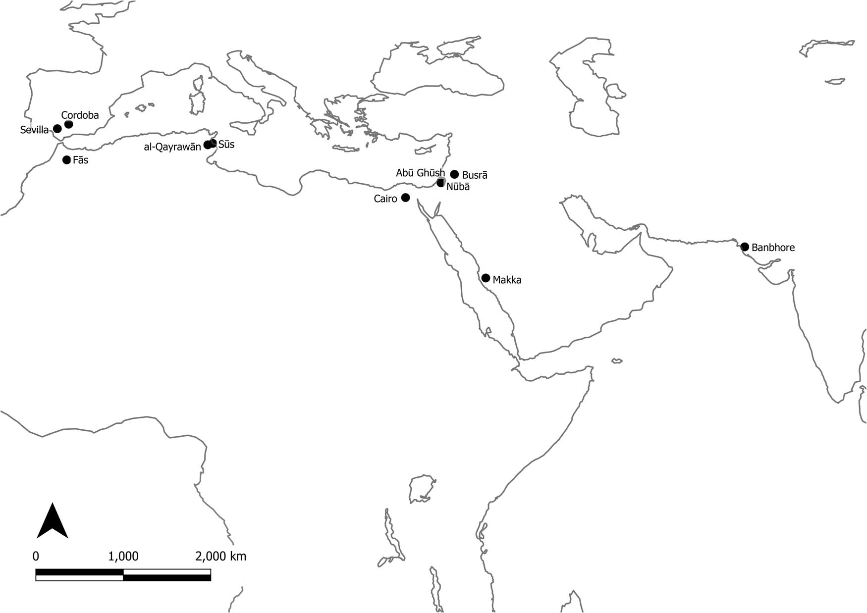 Figure 4
Spatial distribution of inscriptions with relevant mosque terminology, third century of Islam (818–907 AD).