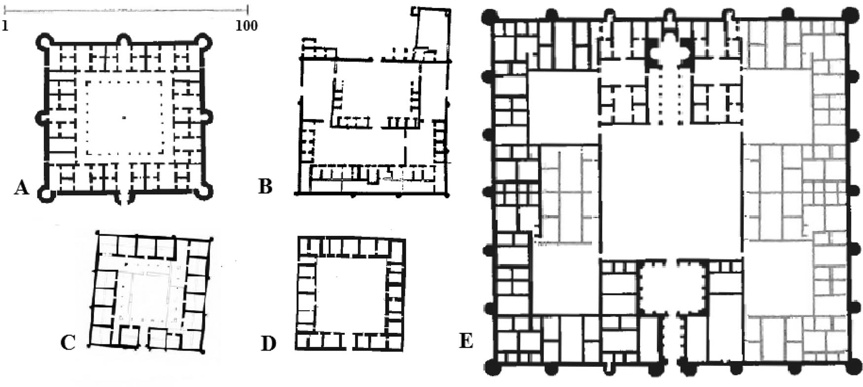 Figure 9
Schematic representation of various types of “Desert Castles” (drawing: Ron Haran). (a) Jabal Says (after Genequand, 2006, Figure 1:1), (b) al-Qaʿ (after Whitcomb, 1996, Figure 2:P), (c) Khān al-Zabīb (after Genequand, 2009, Figure 21: northern structure), (d) Umm al-Walīd (after ibid, Figure 10), and (e) Qaṣr al-Mshattā (after Genequand, 2006, Figure 5b:2).