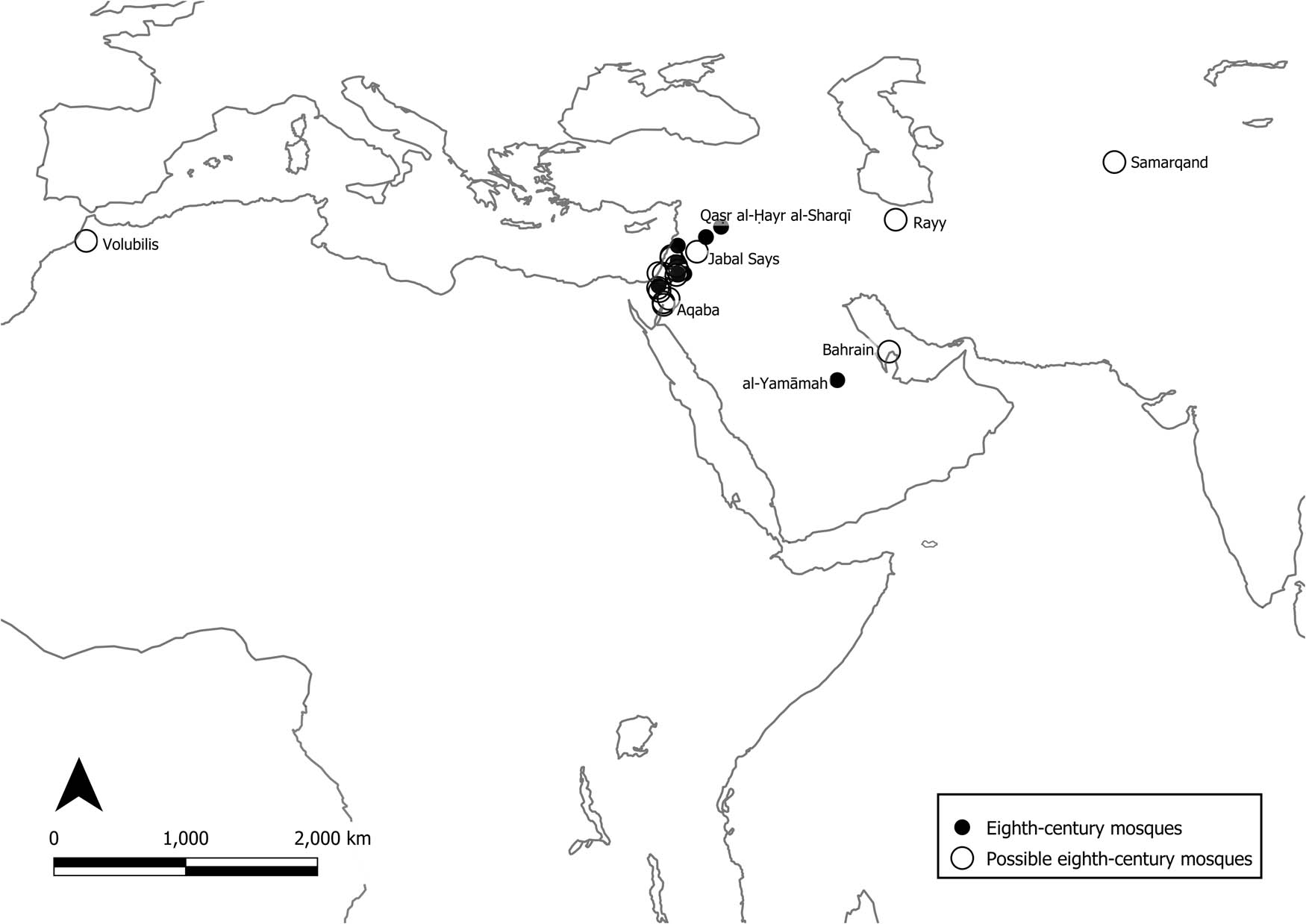 Figure 12
Spatial distribution of datable mosques of the eighth century AD.