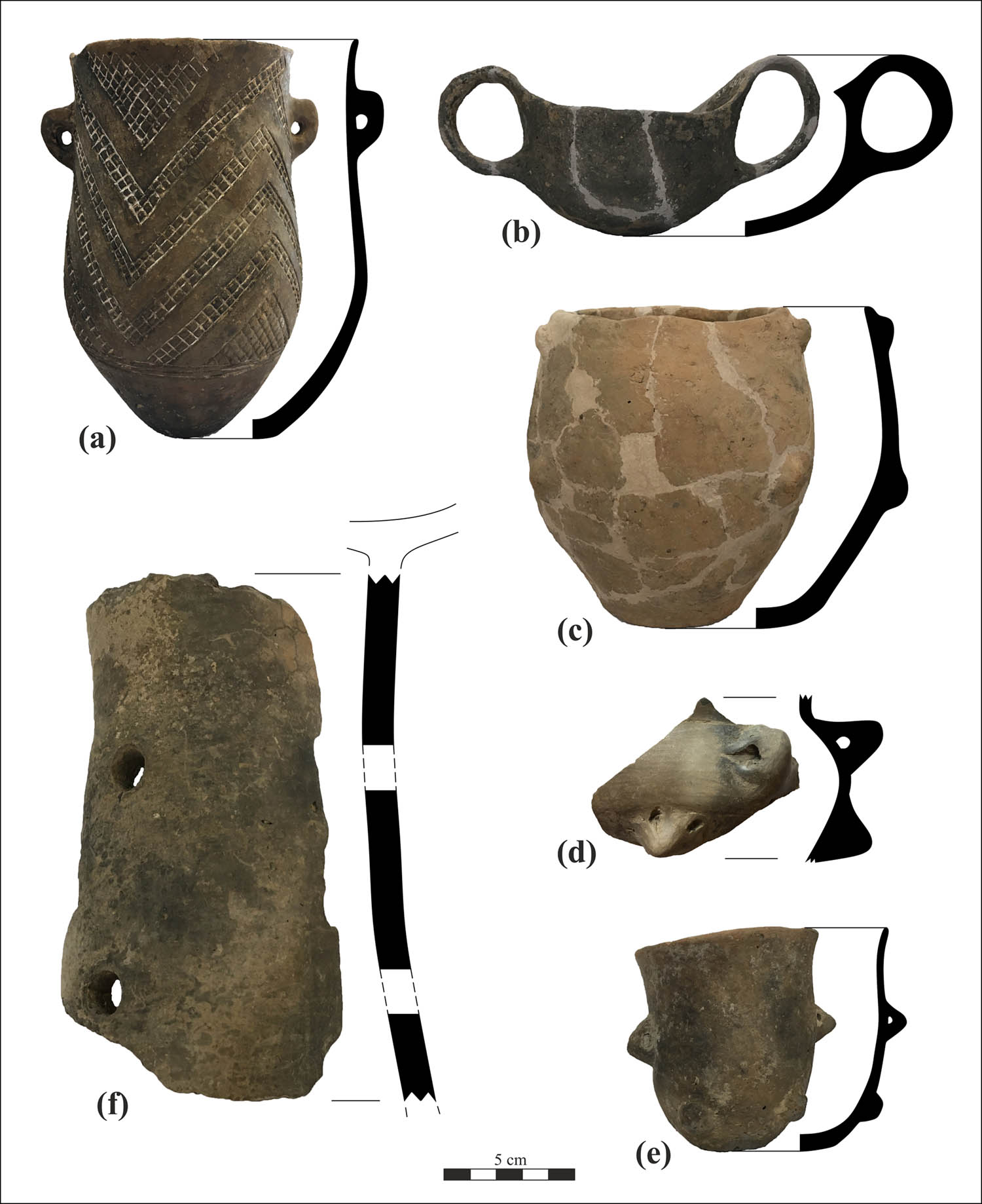 Figure 4
Different main pottery forms from the site: (a) “mik jug” with incised net pattern (grave 45/45), (b) depas-cup (grave 308/426), (c) barrel-shaped vessel (grave 308/426), (d) jar (pit 9/9), (e) tumbler (grave 308/426), and (f) pedestal (grave 258/425).