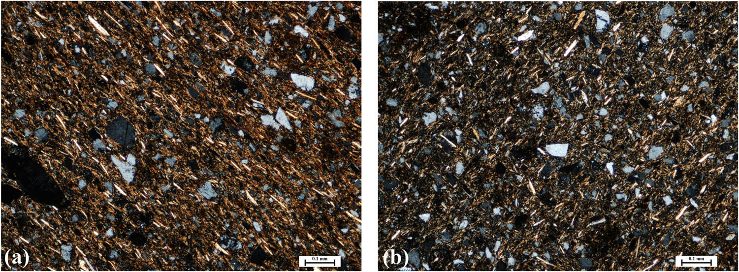 Figure 7
Petrographic analysis: (a) parallel orientation of inclusions in the atypical vessel and (b) characteristic appearance of the matrix (not oriented) in other analysed samples. Both micrographs are 100x, XP.