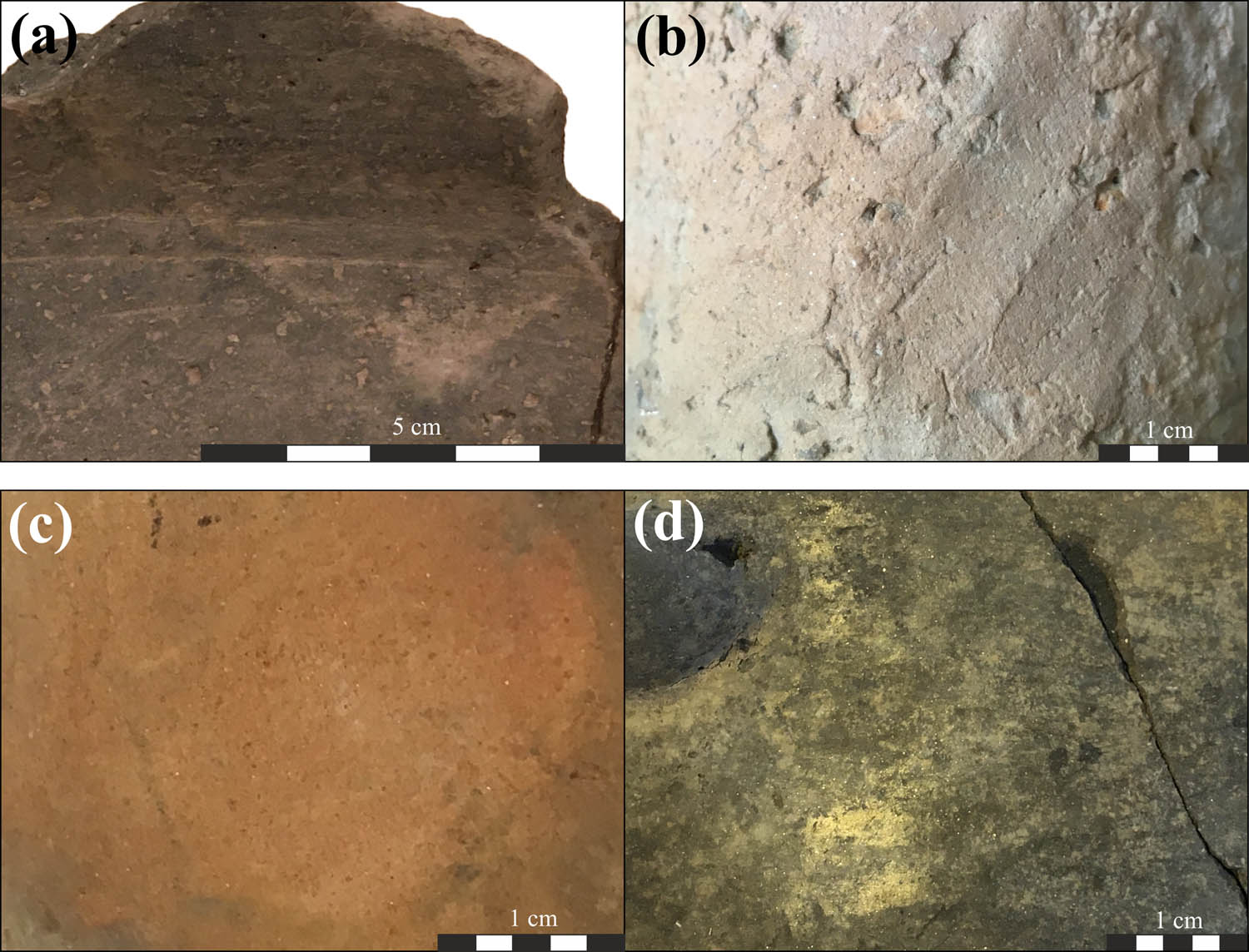 Figure 9
Characteristic surface treatment techniques at the site: (a) scraping (grave 45/45), (b) shaving (grave 337/479), (c) smoothing (pit 9/9), and (d) burnishing (pit 9/9).