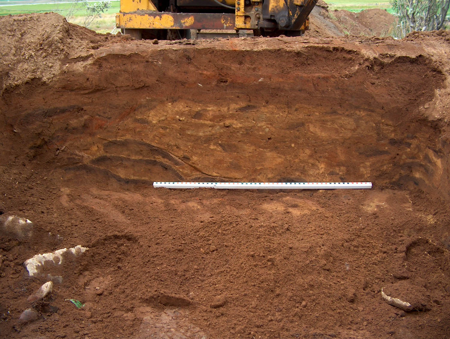 Figure 6
A section of the wall of a tenth-century longhouse in Keldudalur, Skagafjörður. The wall was double-faced with clamped blocks. The blocks are made visible by thick, dark tephra layers which can be seen stacked on either side of the scale bar. In between the two walls is a mixture of earth and turf. The yellow flecks are prehistoric tephra from Mt. Hekla. The earliest turf often had thick layers of this tephra which would have made the turf unstable. Photo: Guðný Zoëga.