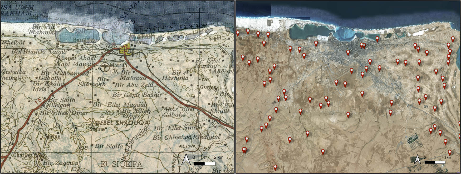 Figure 3
(Left) Topographic map from 1954, US Army Map Service (P502, Sheet NH 35-3 Matruh). (Right) Spatial distribution of digitised sites covering the Marsa Matruh area (Basemap: © ESRI).