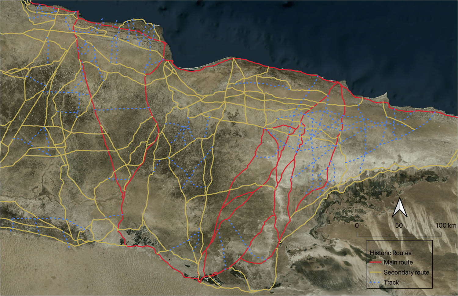 Figure 4
Digitisation of historical routes and traditional paths in Marmarica. This process involved various historical sources and aerial imagery (Basemap © Microsoft).