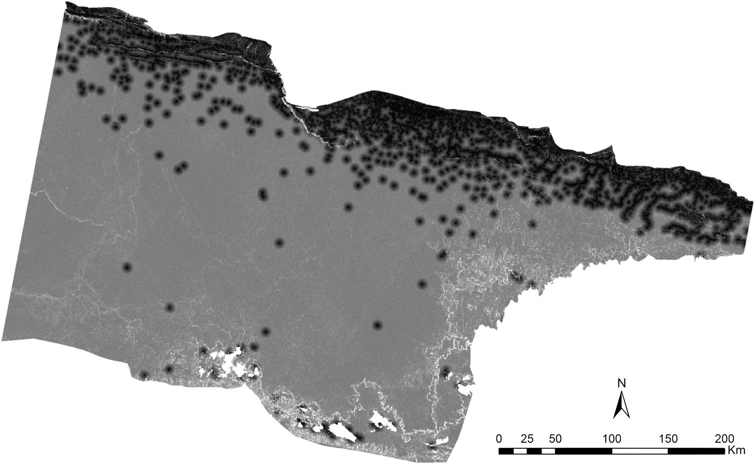 Figure 6
Friction map generated by assigning a gradual cost to the hydrographic network depending on the ecological context and calculating the slope from a DEM. Values are represented using a colour categorisation scheme, with lighter shades indicating greater resistance to movement and darker shades indicating lower resistance. Dark-coloured circles indicate water catchment areas.