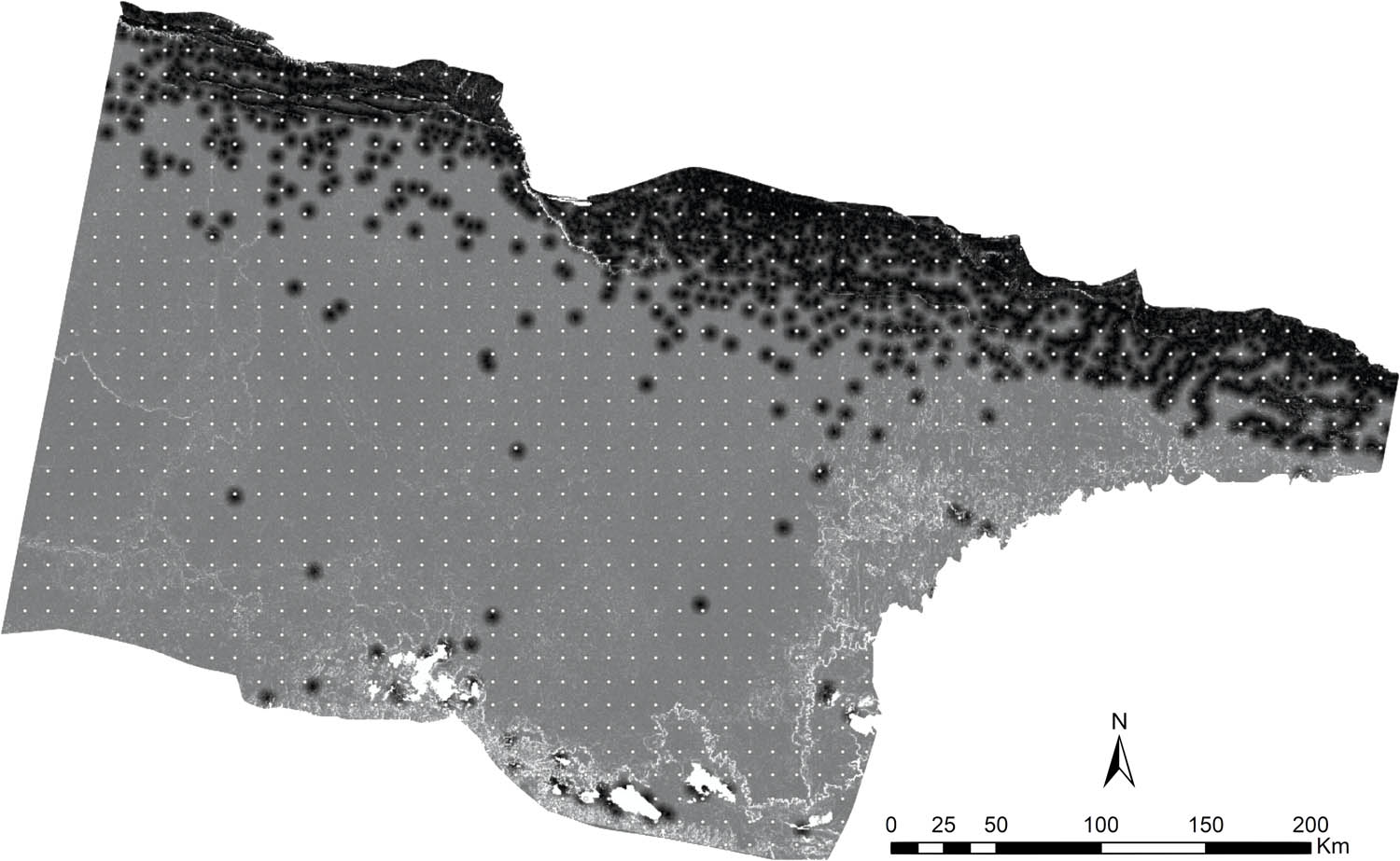Figure 7
Orthogonal point layer covering the entire study area, with points spaced 10 km apart.