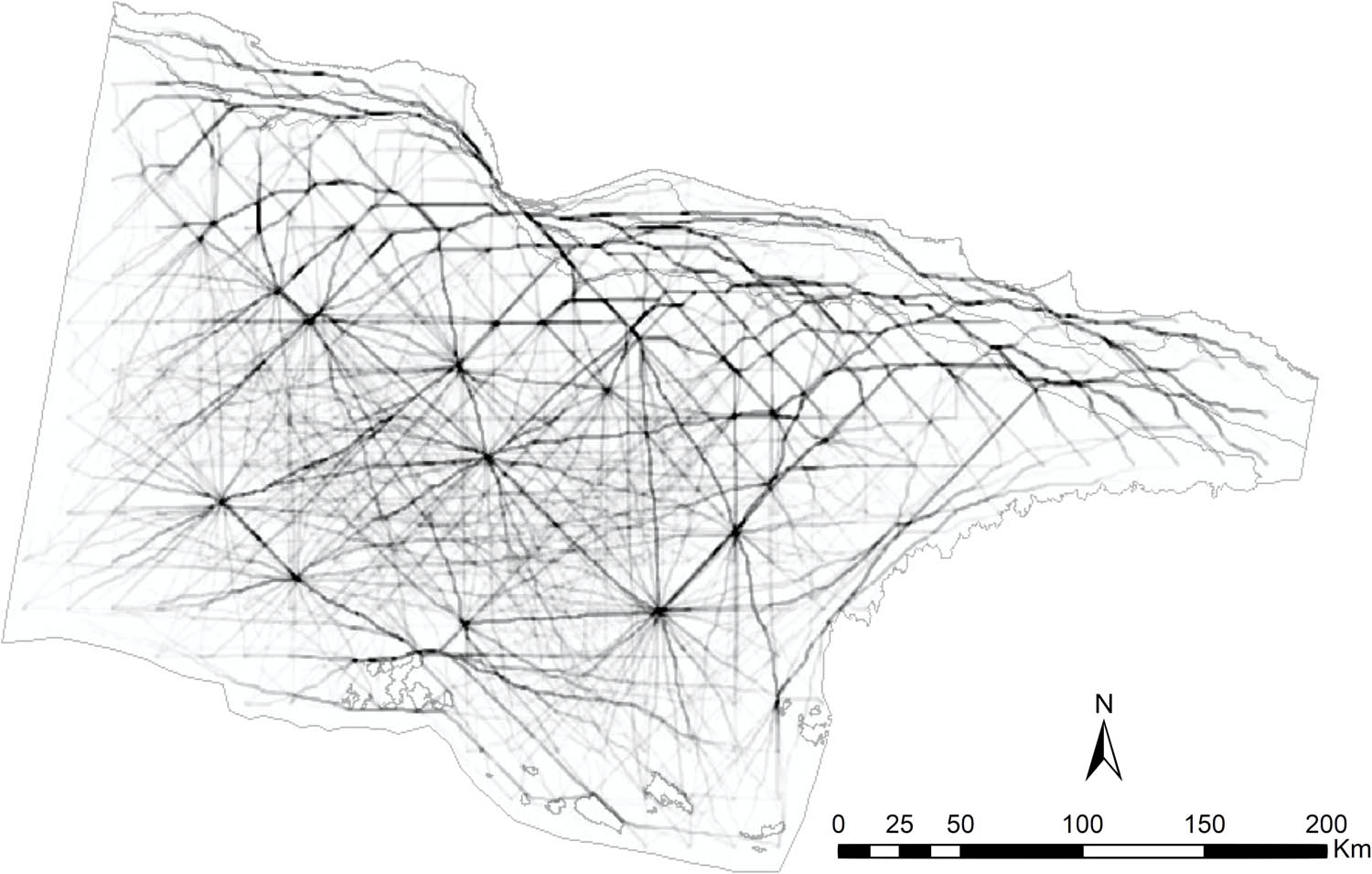 Figure 8
Preliminary results of the application of the FMN. Potential routes are depicted in graduated shades of black based on the accumulation of values obtained.