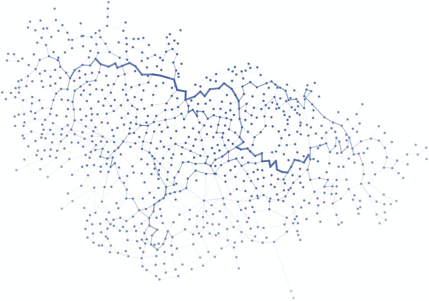 Figure 10
Network representation of the Marmarica region. Nodes (in blue) have been freed from their geographic position, allowing a visualisation based on the strength of their connections and the number of links within the network.
