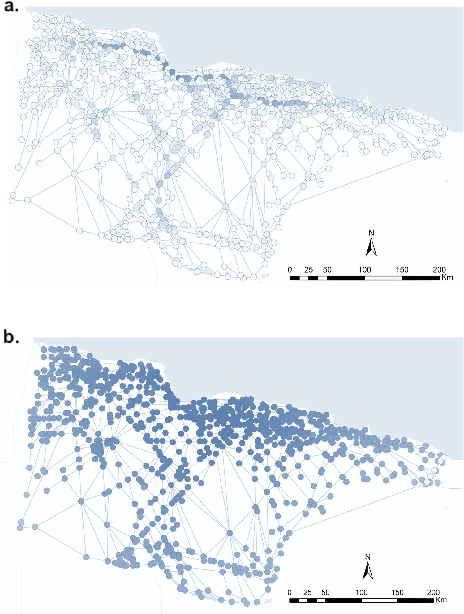 Figure 11
Representation of the mobility network in the Marmarica region with nodes in their geographic position. (a) Nodes are gradually represented according to the betweenness centrality. Higher values are clearly observed along the coast and the central connection towards the inland oasis. (b) Nodes are gradually represented according to the closeness centrality. Higher values are again clearly observed along the coastal area.