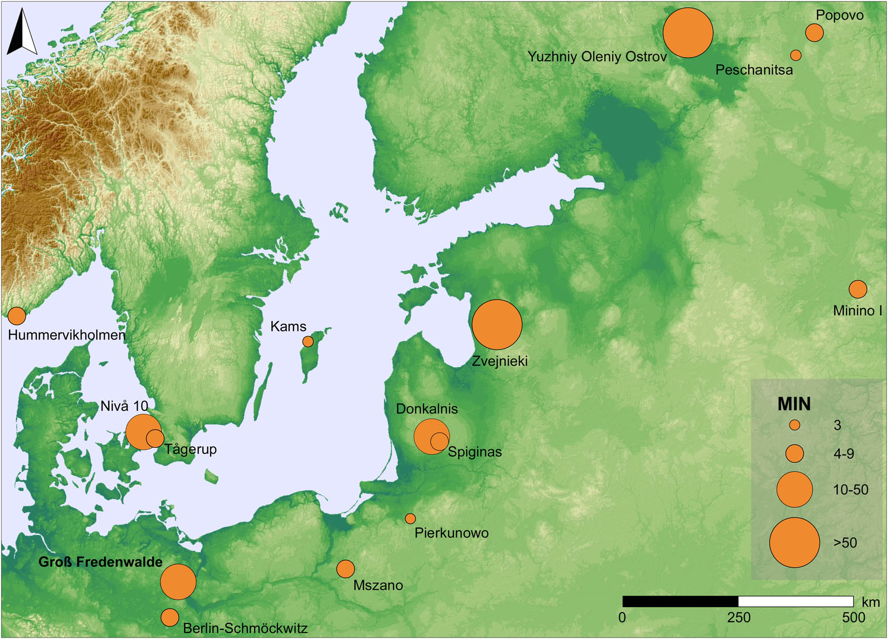 Figure 10
Mesolithic cemetery sites (MIN > 2) in Northern and North-eastern Europe with radiocarbon evidence older than 6000 cal BC (data after Butrimas, 2016; Grünberg, 2000; Jensen, 2016; Karsten & Knarrström, 2001; Larsson & Zagorska, 2006; Marciniak, 2001; Oshibkina, 2016; Piotrowska et al., 2019; Schulting et al., 2022; Skar et al., 2016; Wood et al., 2013).