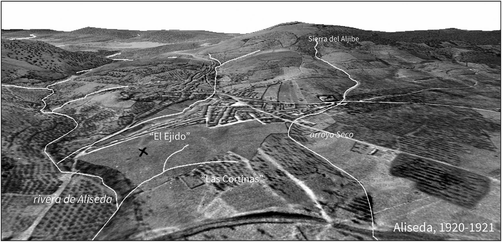 Figure 4 
                  Virtual rendering of the landscape of the Aliseda riverbank in the 1920s, with location of the hillocks of El Ejido (with the treasure findspot marked with an “X”) and Las Cortinas (excavated in the 2010s) and the hilltop settlement of Sierra del Aljibe (Rodríguez Díaz et al., 2020, p. 71).
               