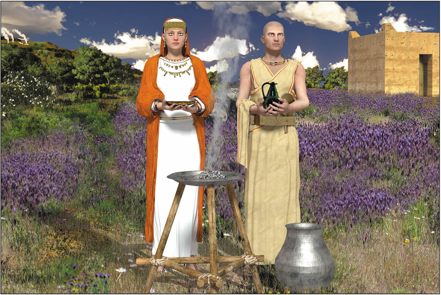 Figure 6 
                  The treasure interpreted as non-gendered liturgical devices and gendered corporal attire implements (jewels) worn by a couple of officiants while performing rituals in the spring equinox. On the left is the Sierra del Aljibe hilltop site and on the right the imagined sanctuary of El Ejido (Rodríguez Díaz et al., 2020, p. 80).
               