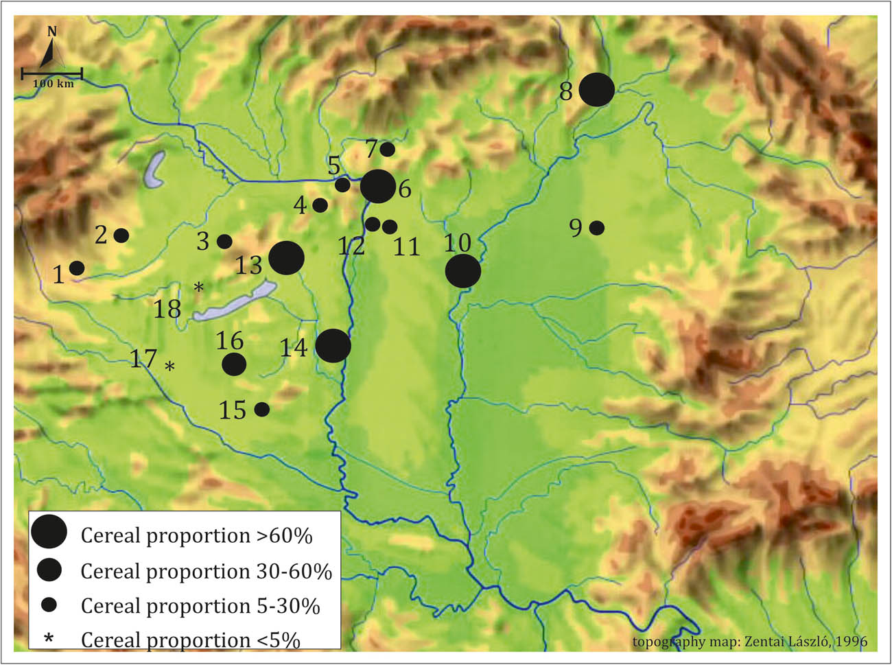 Figure 6 
                  Map of archaeobotanical finds of cereals in the Carpathian Basin during the seventeenth century. 1. Szentgotthárdi fort – Ilon, Grynaeus, & Torma, 2007, Gyulai, 2010. 2. Kőszegi fort – Hartyányi et al., 1967/1968, Torma, 1996a, Gyulai, 2001, 2010. 3. Pápa fort – Torma, 1996b, Gyulai, 2001, 2010. 4. Tata fort – Hartyányi et al., 1967/1968, Torma, 1996a, Gyulai, 2001, 2010. 5. Esztergomi fort – Hartyányi et al., 1967/1968, Torma, 1996a, Gyulai, 2001, 2010. 6. Vác town (trade centre) – Hartyányi et al., 1967/1968, Torma, 1996a, Gyulai, 2001. 7. Szécsény fort – Torma, 1996a. 8. Sárospataki fort – Gyulai, Emődi, Mravcsik, & Pósa, 2013. 9. Debrecen town – Hartyányi et al., 1967/1968, Torma, 1996a, Gyulai, 2001, 2010. 10. Szolnoki fort – Hartyányi & Patay, 1970, Torma, 1996a, Gyulai, 2001, 2010. 11. Budapest – 1. osman site – Hartyányi & Patay, 1970, Torma, 1996a, Gyulai, 2001, 2010. 12. Budapest – 2. osman (Rácfürdő) – Hartyányi & Patay, 1970, Torma, 1996a, Gyulai, 2001, 2010. 13. Székesfehérvár – Hartyányi et al., 1967/1968, Torma, 1996a, Gyulai, 2001, 2010. 14. Dunaföldvári vár – Hartyányi & Patay, 1970, Torma, 1996a, Gyulai, 2001, 2010. 15. Szigetvár – Turbék Alsó Szőlőhegy site (in this manuscript). 16. Kaposvár – Hartyányi et al., 1967/1968, Torma, 1996a, Gyulai, 2001, 2010. 17. Pogányszentpéter (Christian monastery – sixteenth century, it was destroyed between 1526 and 1566) – Füzes, 1972, Torma, 1996a, Gyulai, 2001, 2010. 18. Sümeg – Sarvaly village (sixteenth century, it was destroyed between in 1536) – Skoflek, 1985, Torma, 1996a, Gyulai, 2001, 2010. Written data: Lászlófalvi Velics & Kammerer, 1886, 1890, Szilágyi, 1895, Imreh, 1999, Rácz, 2020.
               
