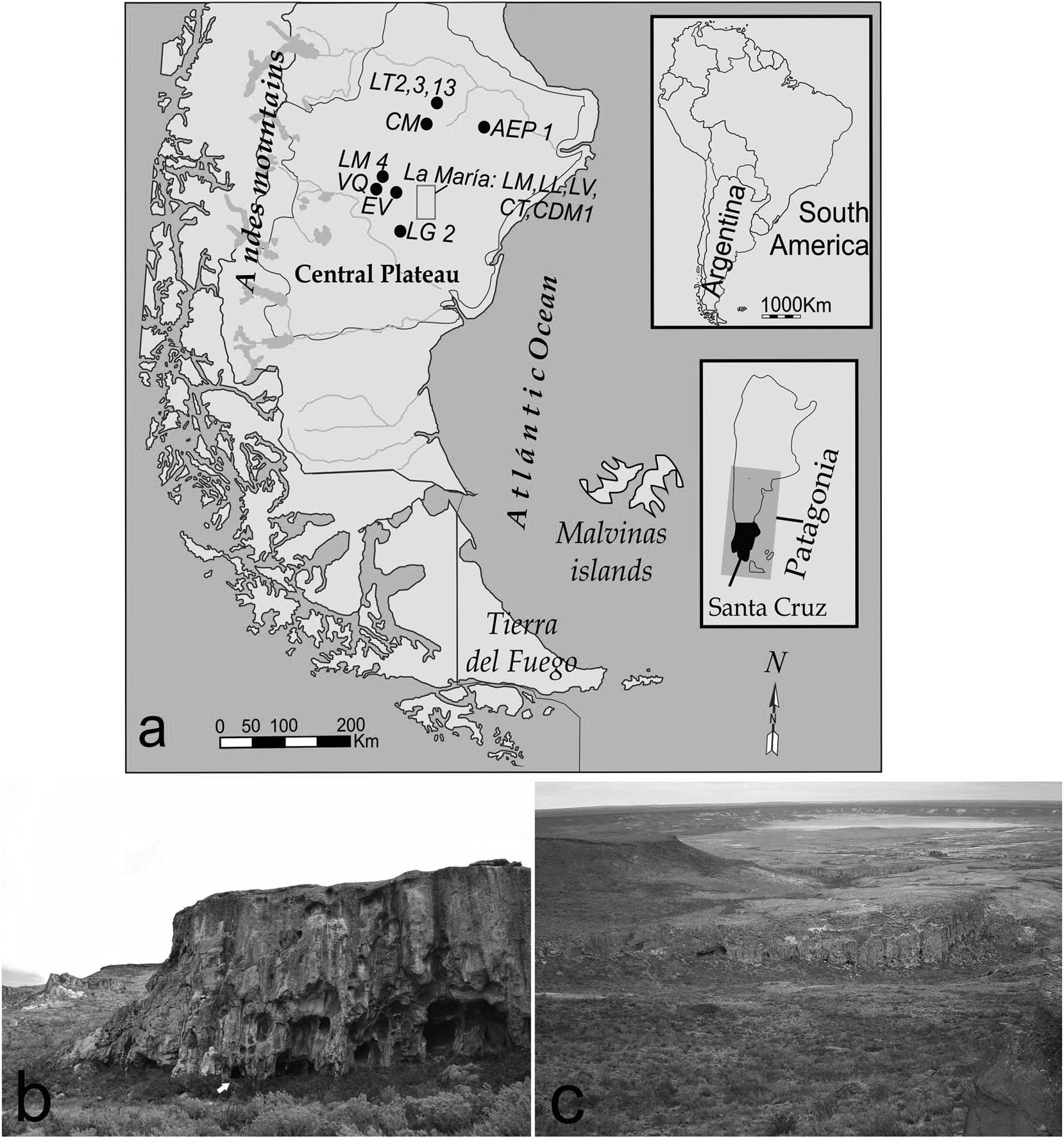 Figure 1
(a) Study region. Sites: LT: Los Toldos 2, 3, 13; CM: Cueva Maripe; AEP1: Alero El Puesto 1; LM4: La Martita 4; VQ: Viuda Quenzana; EV: El Verano; LM: La Mesada; LL: La Lavandería; LV: La Ventana; CT: Cueva Túnel; CDM1: Casa del Minero 1; LG2: La Gruta 2. (b) La Mesada. (c) Landscape, plateaus, canyons with caves, shallows, and lagoons.