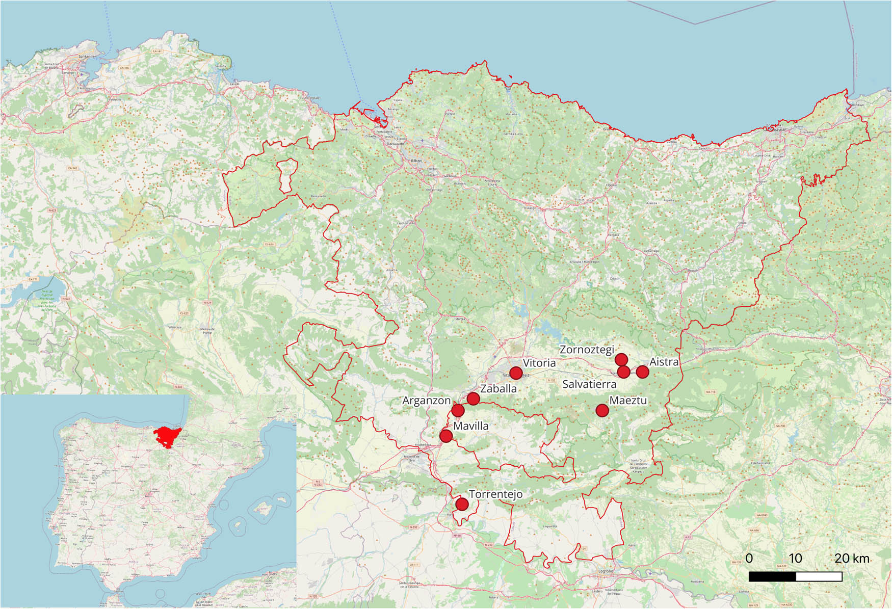 Figure 1 
               Map with the sites cited in the article in the context of the Basque Country.
            