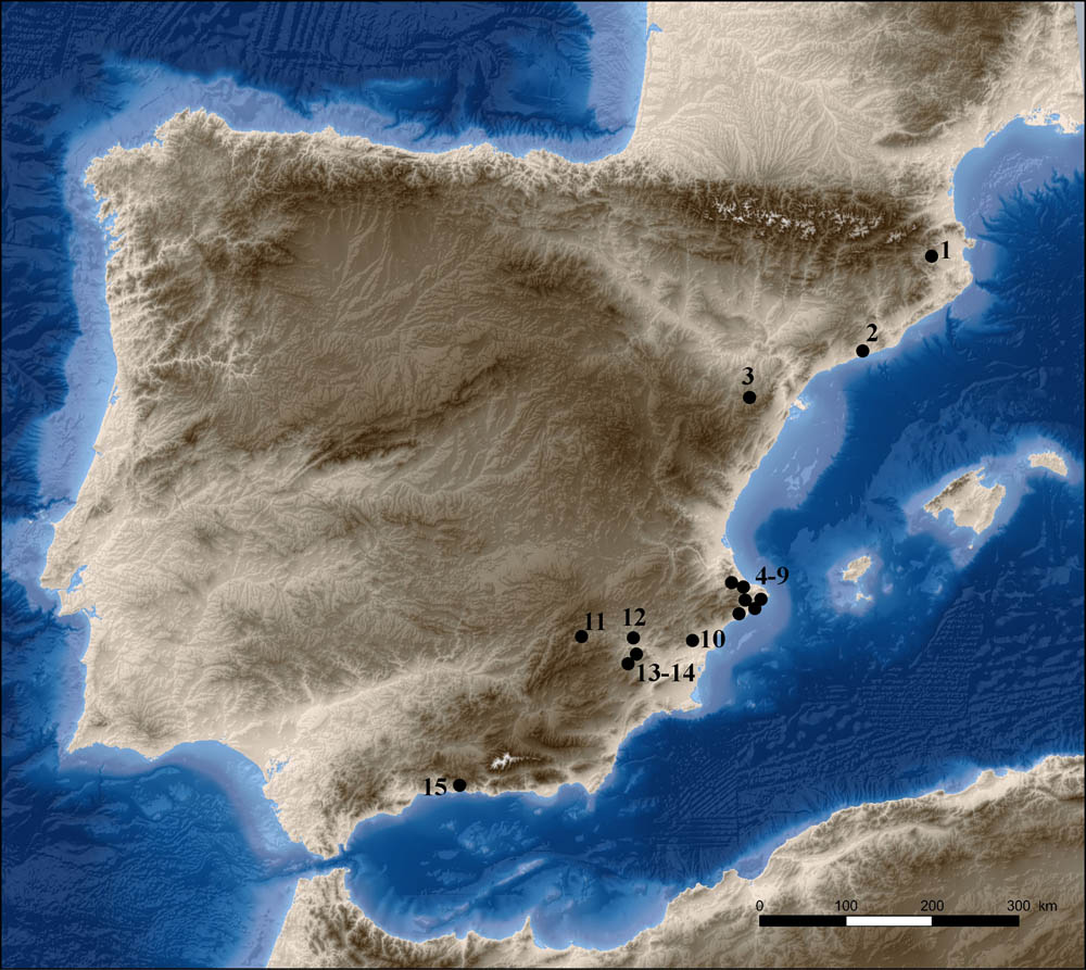 Figure 13
Gravettian sites cited in the text. 1. Arbreda; 2. Foradada; 3. Ángel 2; 4–9. Malladetes, Parpalló, Casa dels Moliners, Moro, Cendres, Barriada; 10. Ratlla del Bubo; 11. Palomar; 12. Arco; 13–14. Boja y Finca Doña Martina; 15. Nerja.