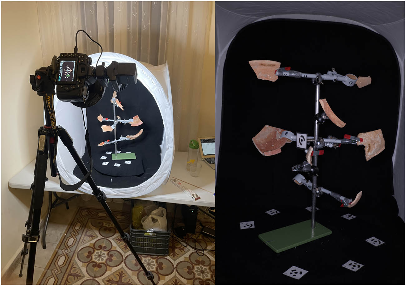 Figure 1 
               Depiction of a set-up including a close-up photograph of a pottery carrying eight clamps.
            