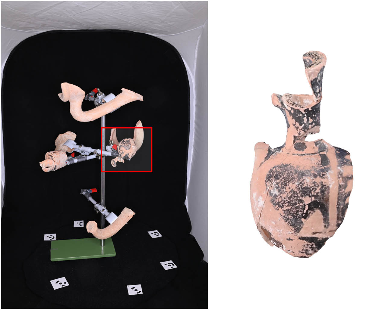 Figure 5 
               Black-painted pottery from Tell el-Burak on the pottery tree (left) and respective 3D model including calculated texture (right).
            